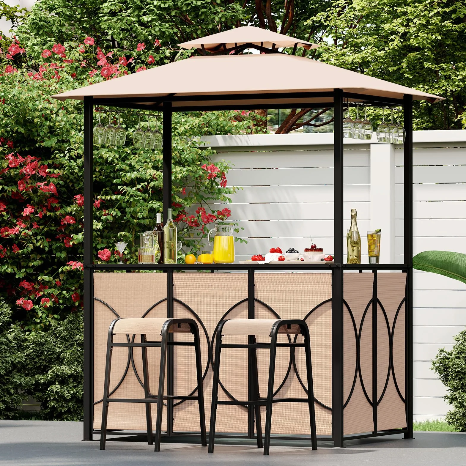 GOPLUS Abri Barbecue avec Bar d'Extérieur, Table de Bar en Verre Trempé, 2 Tabourets, 194 x 121 x 242 cm