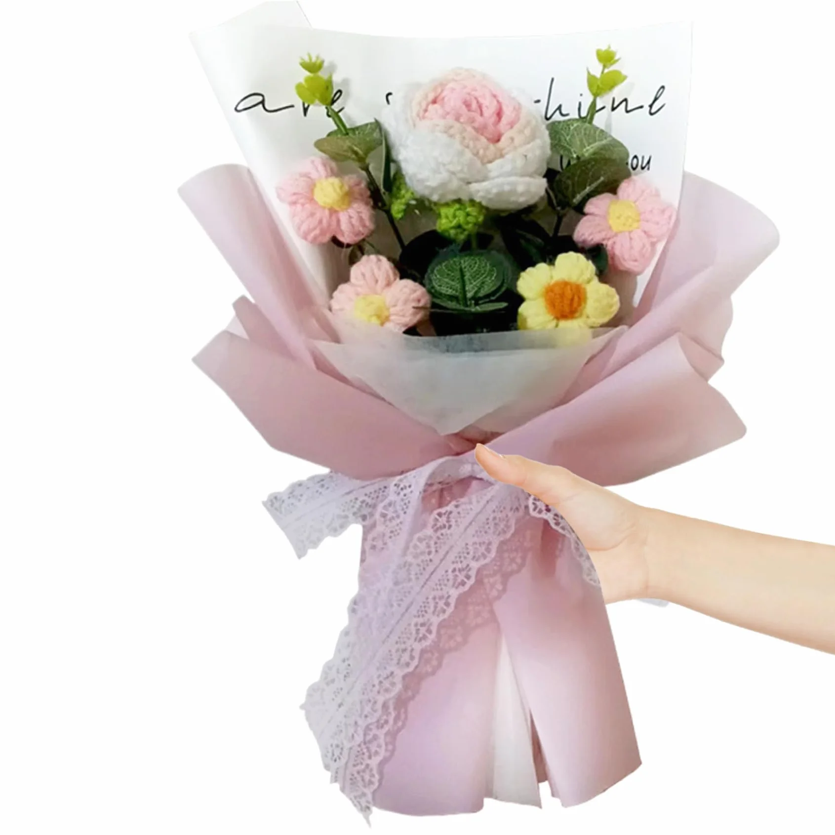 Bouquet de fleurs au crochet 5 têtes roses 7,9 x 11,8 pouces pour mariage Saint-Valentin