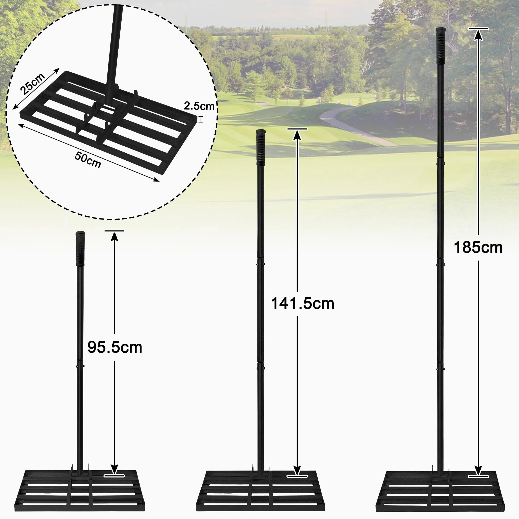 Froadp Grattoir de pelouse en acier inoxydable râteau de jardin avec poignée en caoutchouc antidérapant longueur réglable 101-202 cm pour sable, retrait de pelouse parfait (25 x 50 cm)