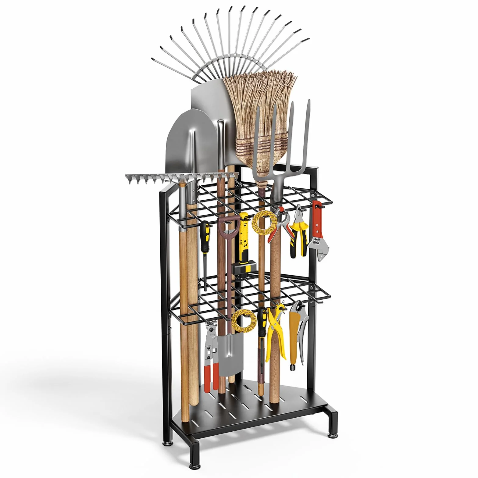 Organiseur D'Outils de Jardin éTagèRe à Outils de Jardin pour Coin Support en MéTal Robuste avec 34 Compartiments De Rangement Et 14 Crochets pour Pelles, RâTeaux, Outils à Long Manche