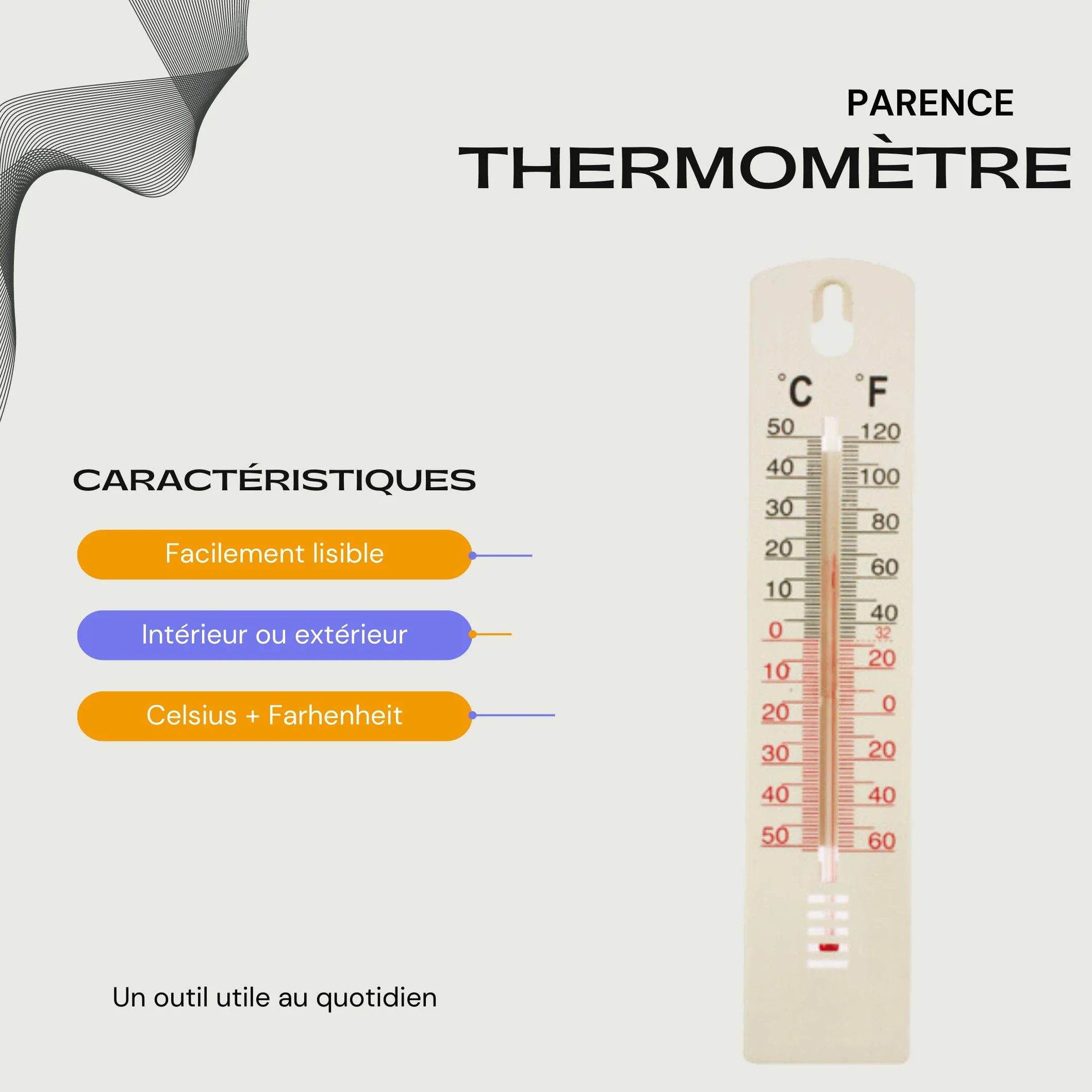 Thermomètre mural en plastique -50 à +50 °C Blanc 20 cm