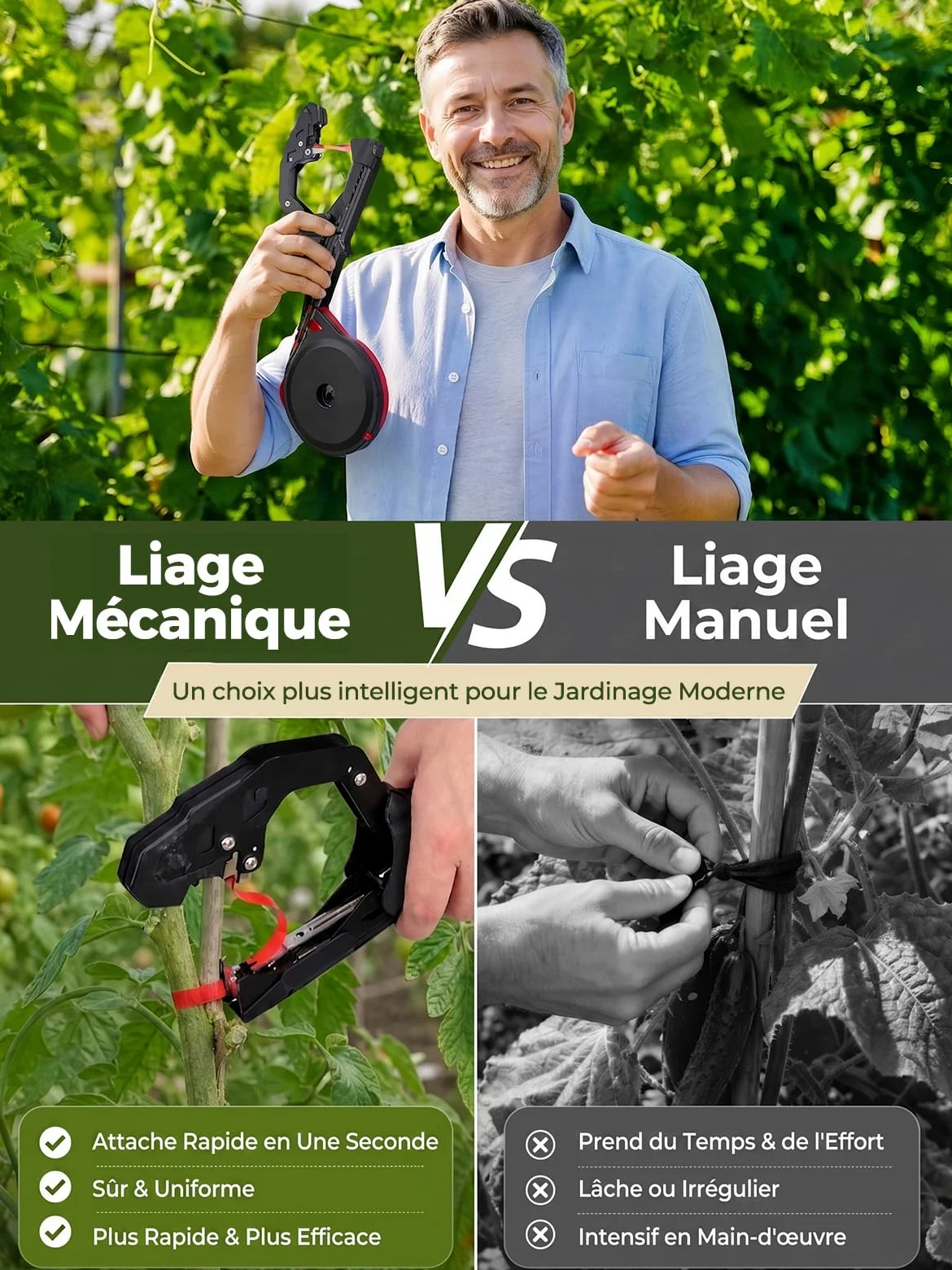 Lieuse professionnelle pour plantes avec 10 rouleaux de ruban de 60 m, 500 g | Revêtement noir anti-corrosion, structure équilibrée anti-fatigue pour vignes et tomates.