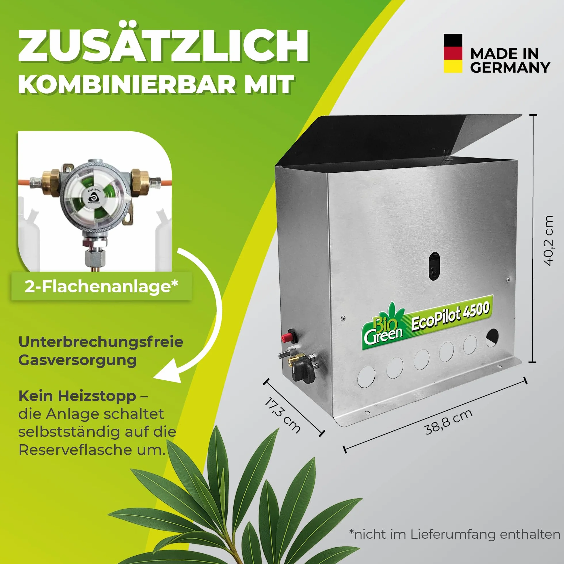 BioGreen EcoPilot 4500 Chauffage de serre à gaz 4500W acier inoxydable argenté 38x17x40 cm pour serres jusqu'à 22 m²