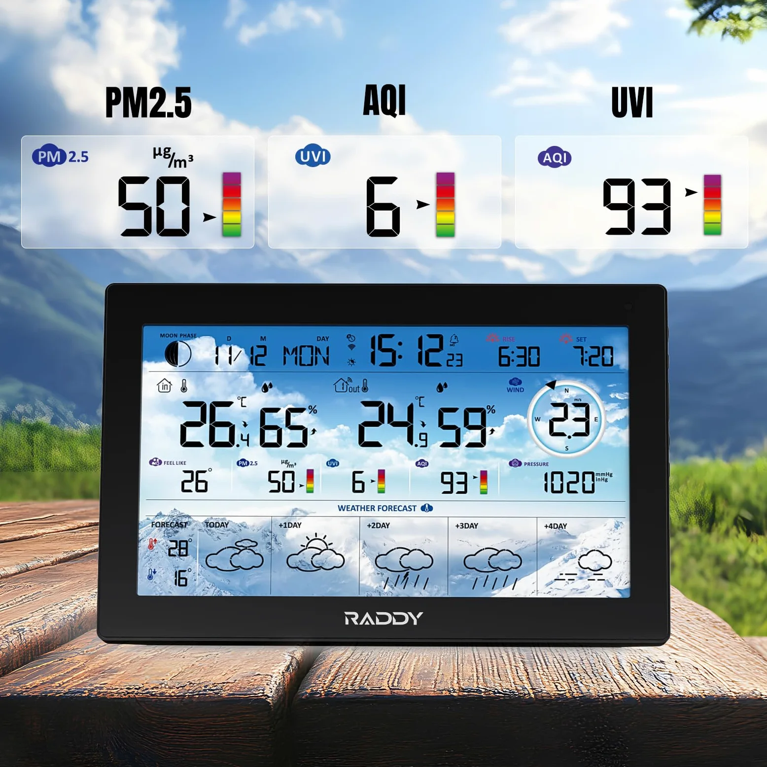 Raddy N90 Wi-Fi Station météo avec capteur sans fil, 8,8" HTN écran, Connectivité via App intelligente, Thermomètre intérieur/extérieur, Moniteur de température et d'humidité, PM2,5/AQI/UVI