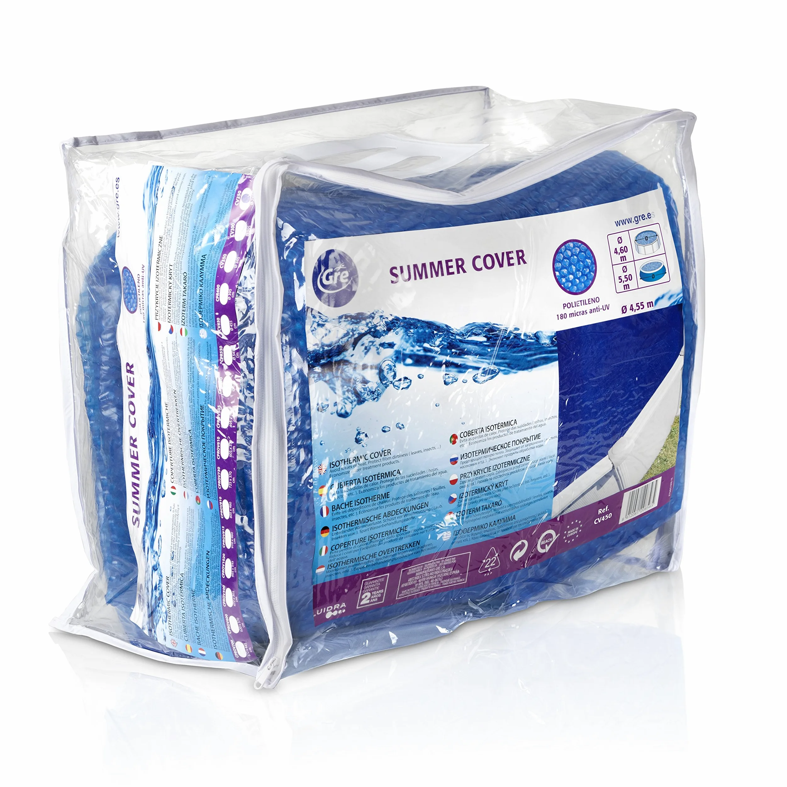 Gre CV450 - Bâche d'été pour Piscine Ronde de 450 à 460 cm de diamètre, Couleur Bleue & GBC GRE CIPR451 Bâche Hiver pour Piscine Ronde ø460, Noir, 120 g/m²
