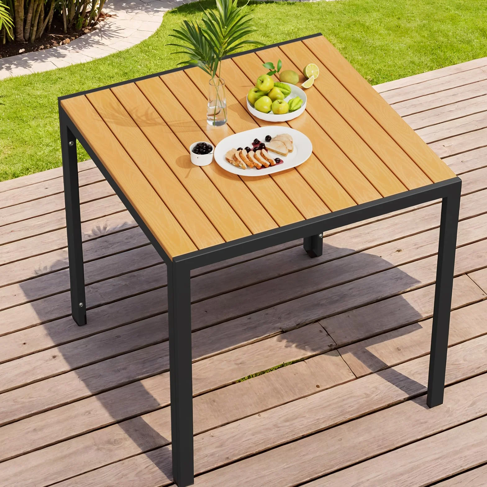 LIFERUN Table de jardin aluminium WPC 75x75 cm résistante aux intempéries Noir