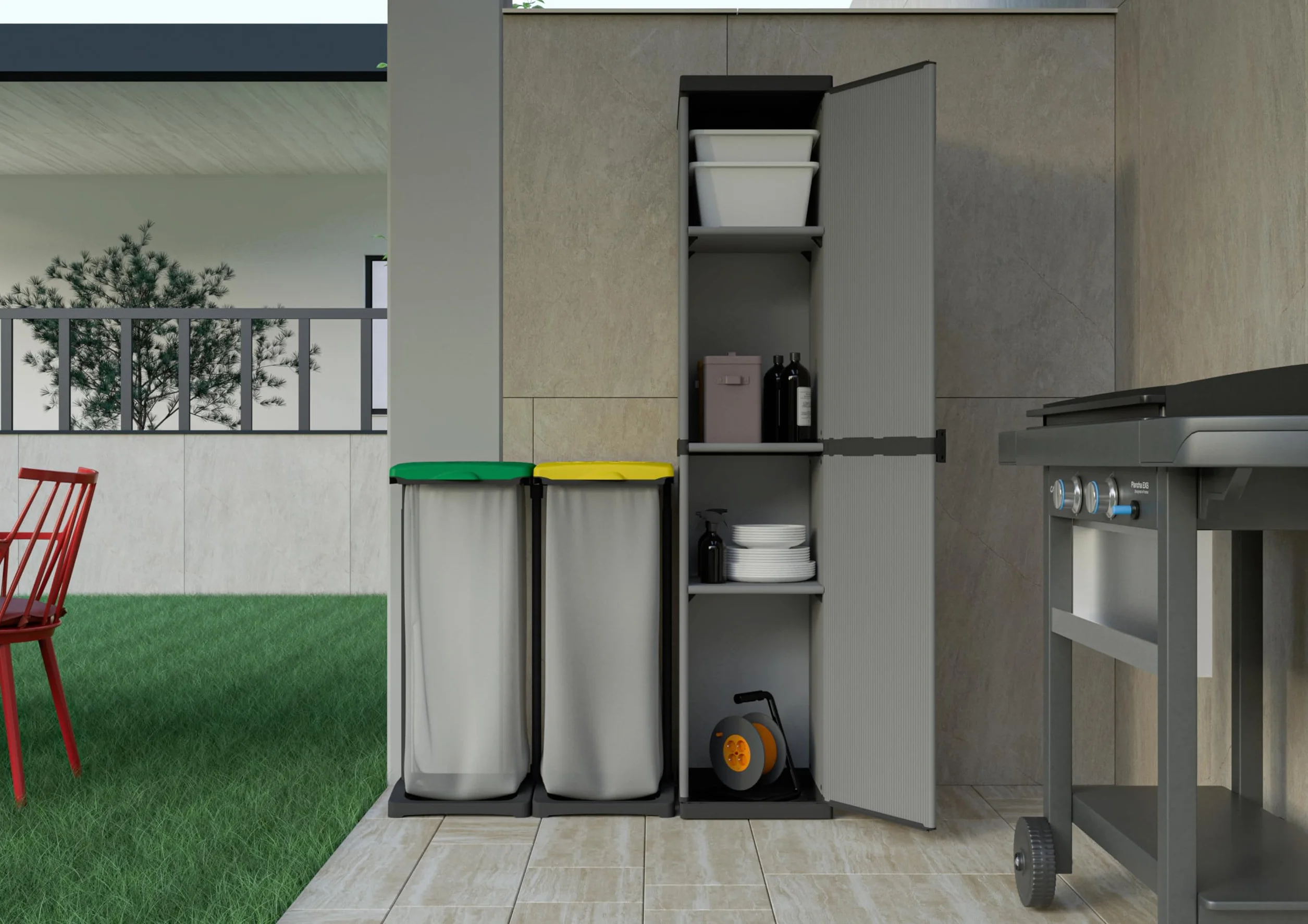 Adventa Armoire résine PVC PP 1 porte 3 étagères modulaire 34x40x165 cm Gris