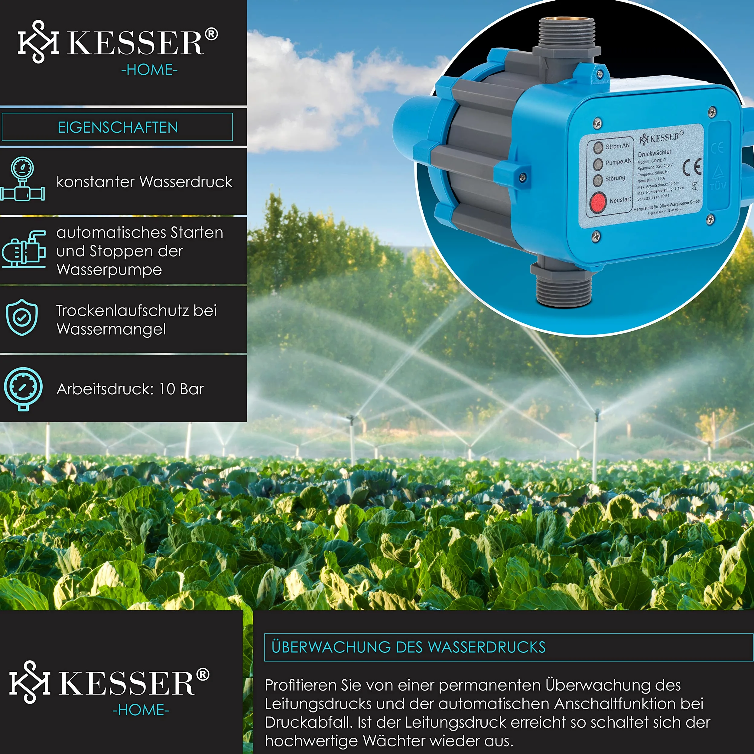 KESSER Interrupteur de pression - 10 bar - Commande de pompe - Eau domestique - Arrosage de jardin - Avec câble - Pression constante de l'eau - Jardin et maison - Arrêt automatique
