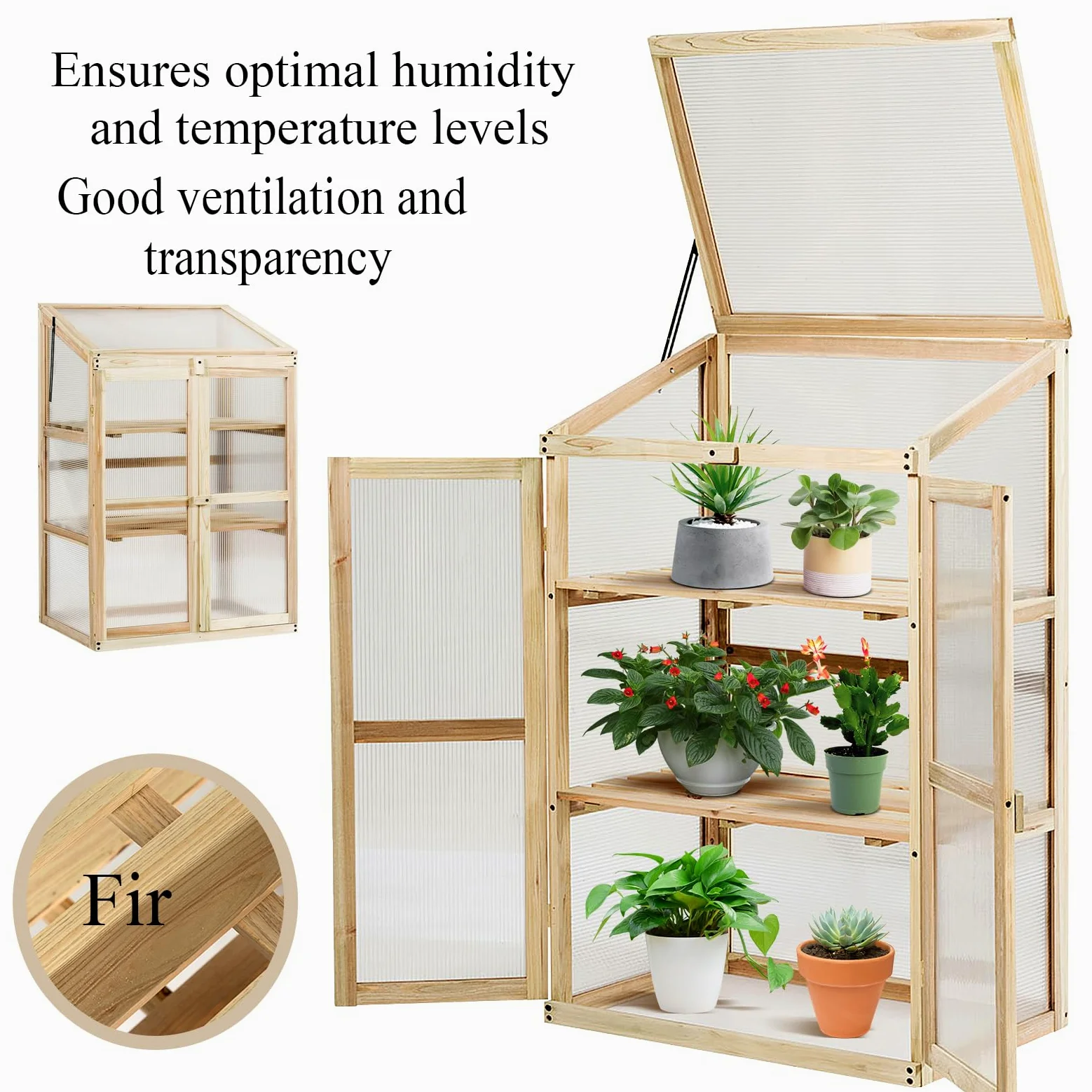 HOMASIS Serre de Balcon PC en Verre avec 2 Étagères | Mini Serre de Jardin en Bois d'Épicéa avec Portes pour Légumes Plantes Fleurs 60 x 45 x 100 cm Naturelle
