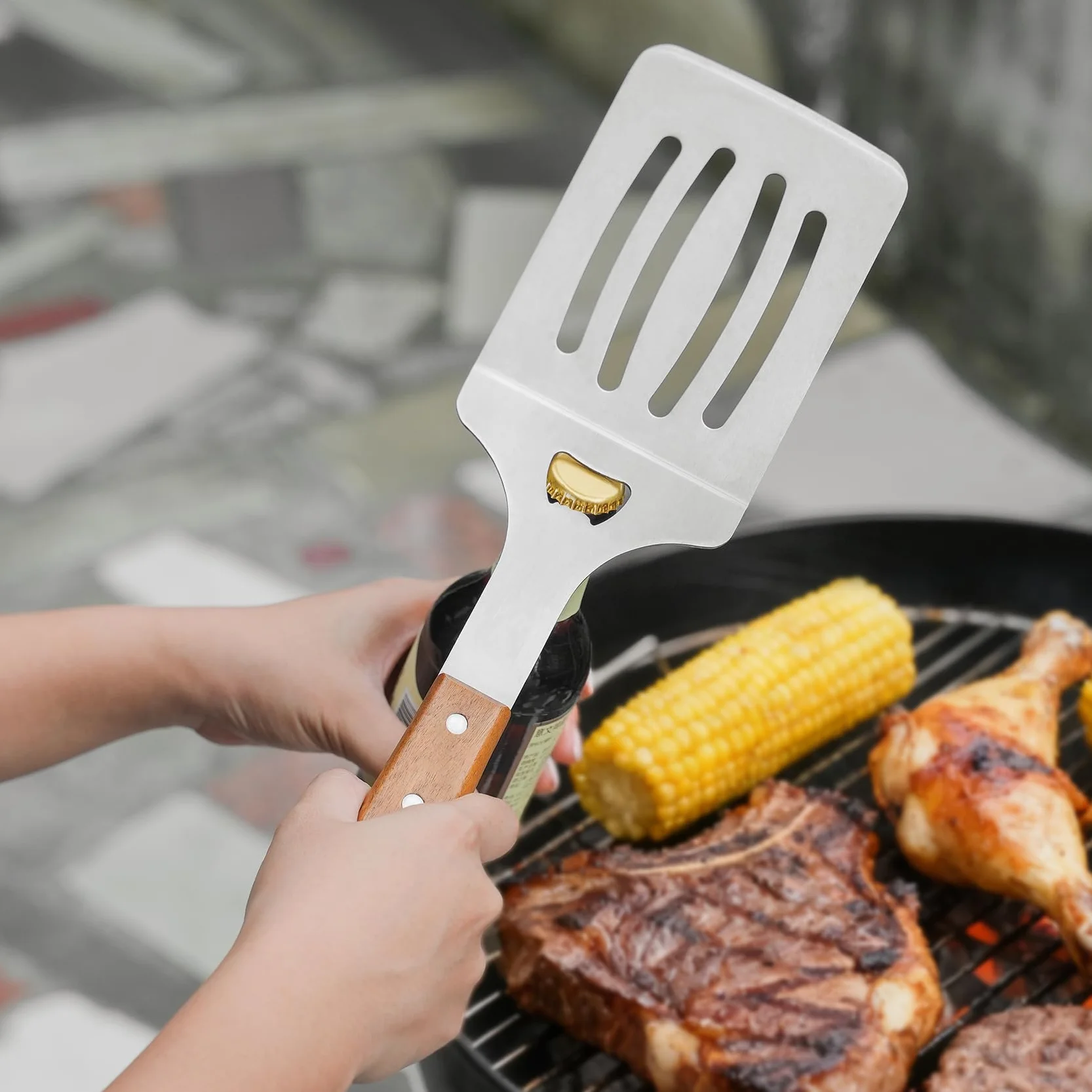 Onlyfire Set de Ustensiles pour Barbecue en Acier Inoxydable, 4 Pièces avec Poignées en Bois
