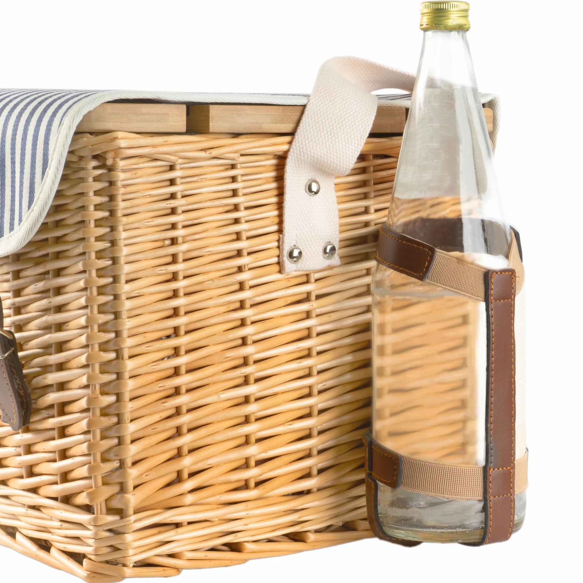 CampFeuer Panier de pique-nique pour 4 personnes avec ensemble de vaisselle et table de service - 25 pièces - Valise de pique-nique avec motif intérieur rayé - Panier en osier avec sangles en cuir