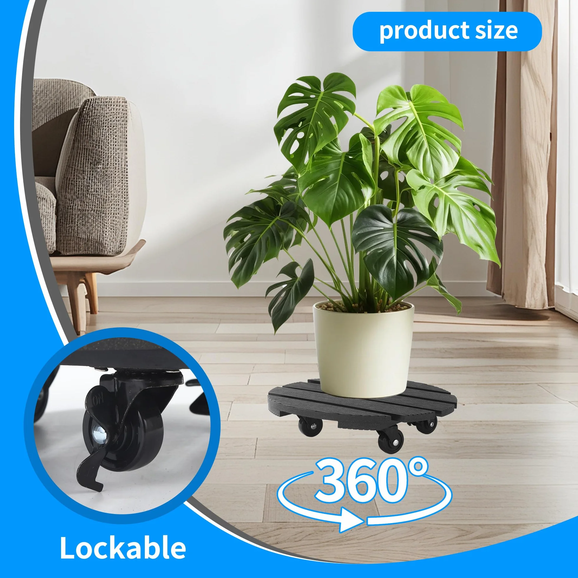 Scooters de Plante WPC Ø 30 cm, Rouleau à Fleurs 360°, 2 Freins, Charge 120 kg