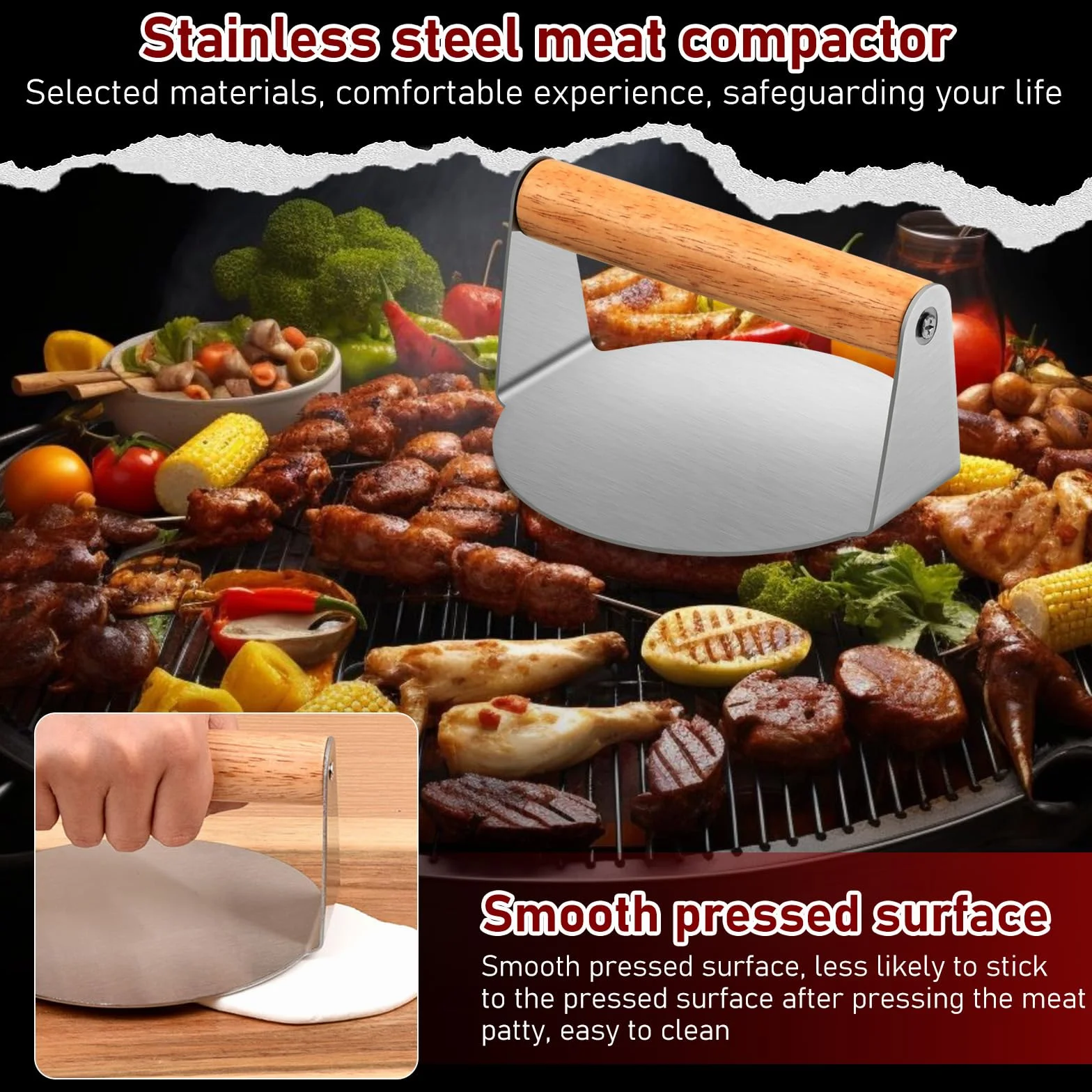 Set de 6 Pièces Smash Burger Press Kit, Acier Inoxydable, Cloche à Hamburger 15x6,5 cm, Presse à Hamburger, Spatule Plancha