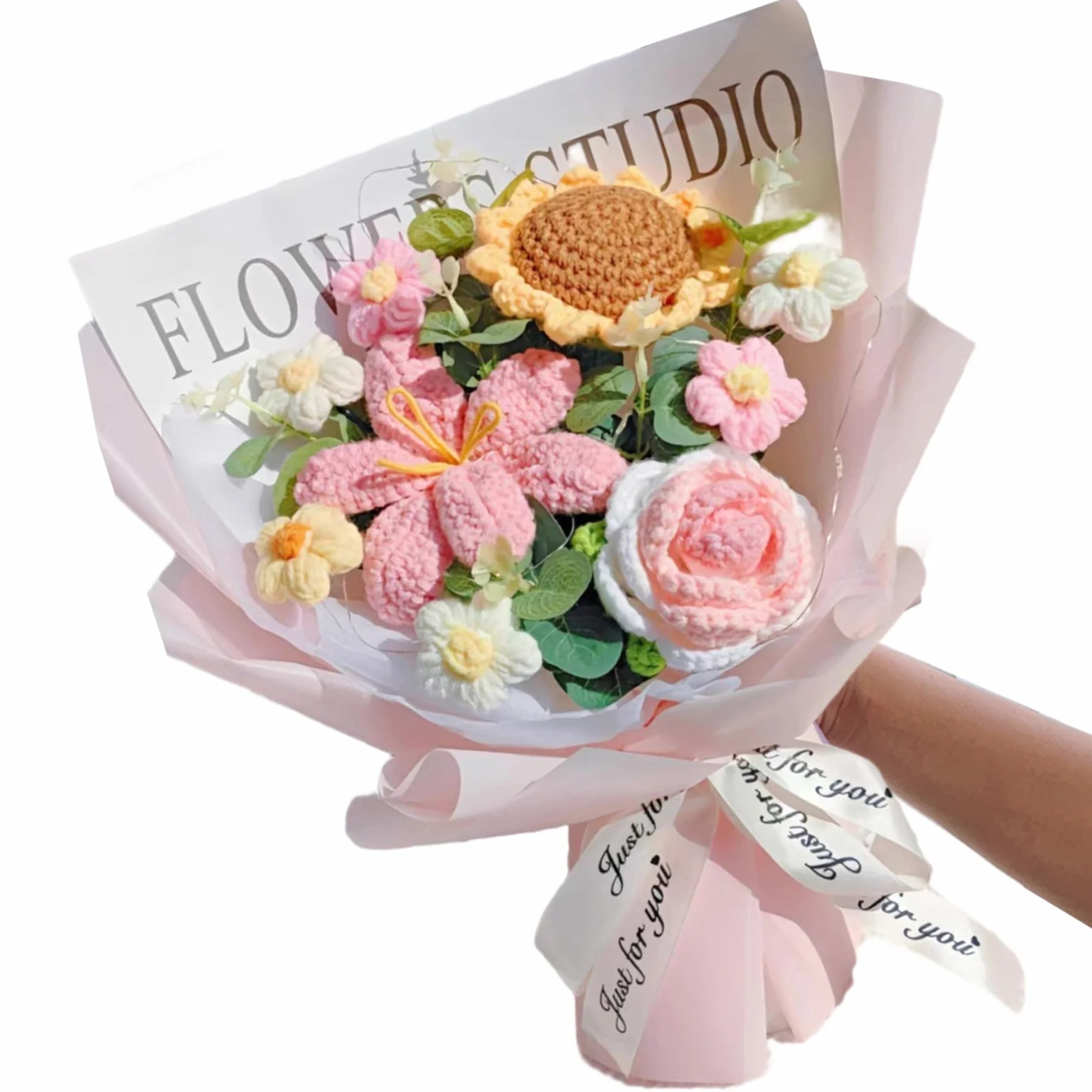 Bouquet de Fleurs de Crochet, Rose réaliste, Tournesol en Tricot Doux pour Cadeaux décoration intérieure
