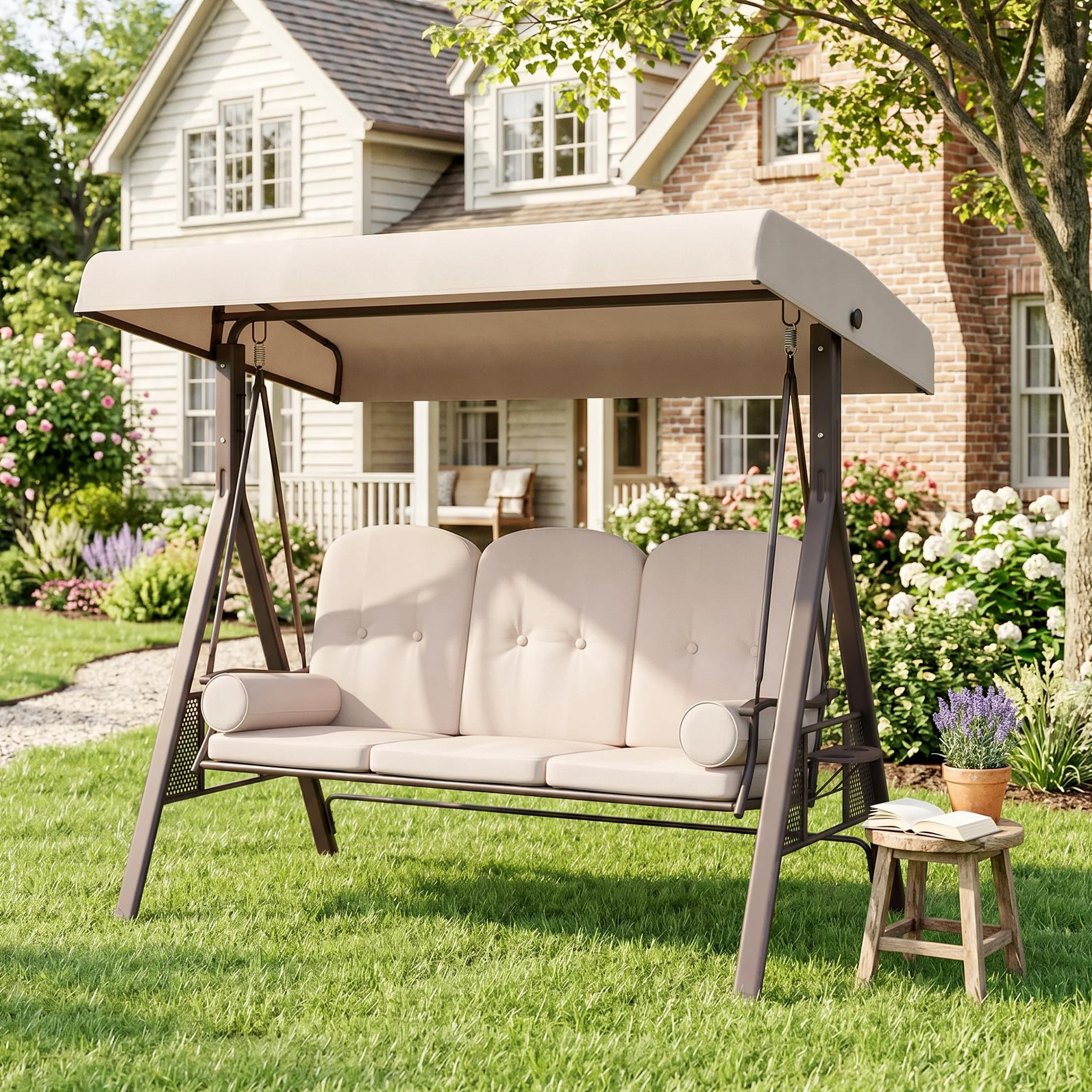 Outsunny Balancelle de Jardin 3 Places Grand Confort Toit Inclinaison réglable Coussins Plateaux rétractables Beige