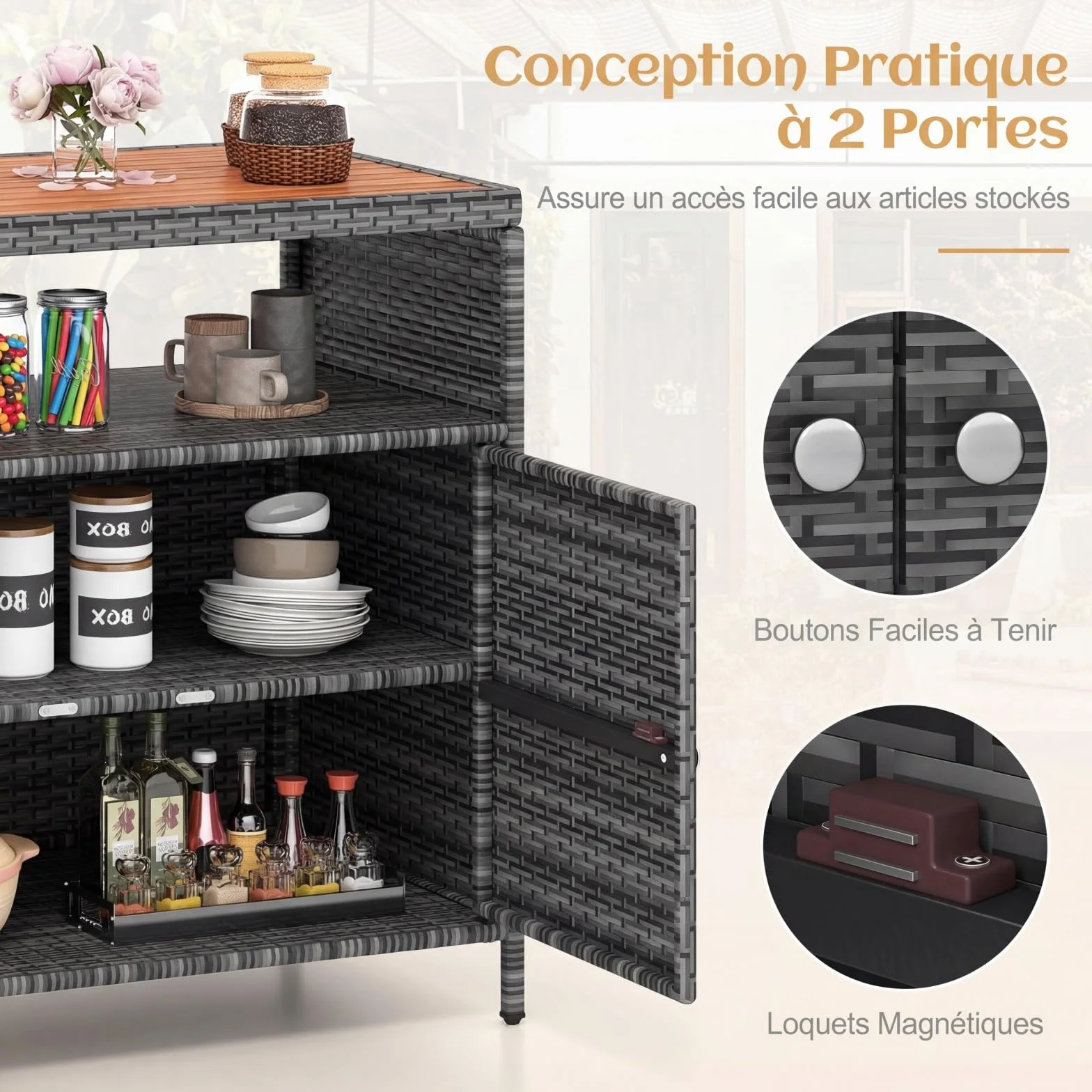 COSTWAY Armoire de Rangement Exterieur en Rotin, Jardin avec Plateau en Bois d'Acacia, Buffet 2 Portes, Gris