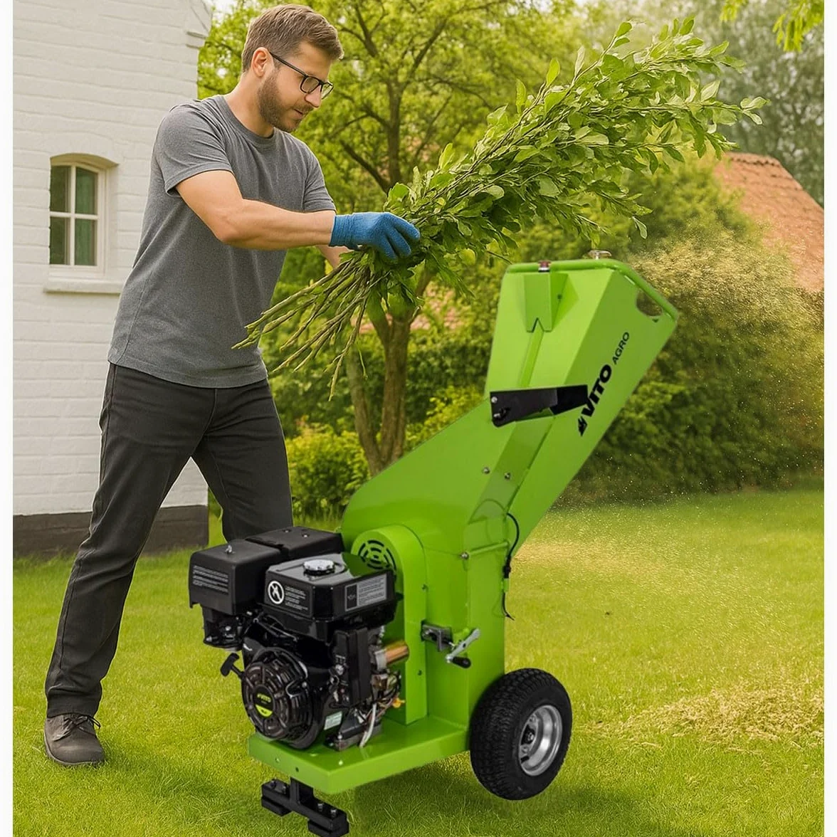 VITO - Broyeur de végétaux Thermique 7CV Coupe Branches Ø 70mm 2 Lames Moteur 4T 208Cm3 Roues gonflées Déplacement avec Poignées de déplacement