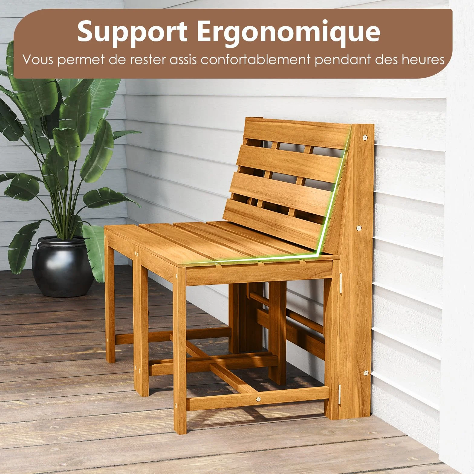 COSTWAY Salon de Jardin 3 en 1 Banc 2 Places Table Rectangulaire Chaises Extérieur Bois d'Acacia Dossiers Inclinés Siège à Lattes