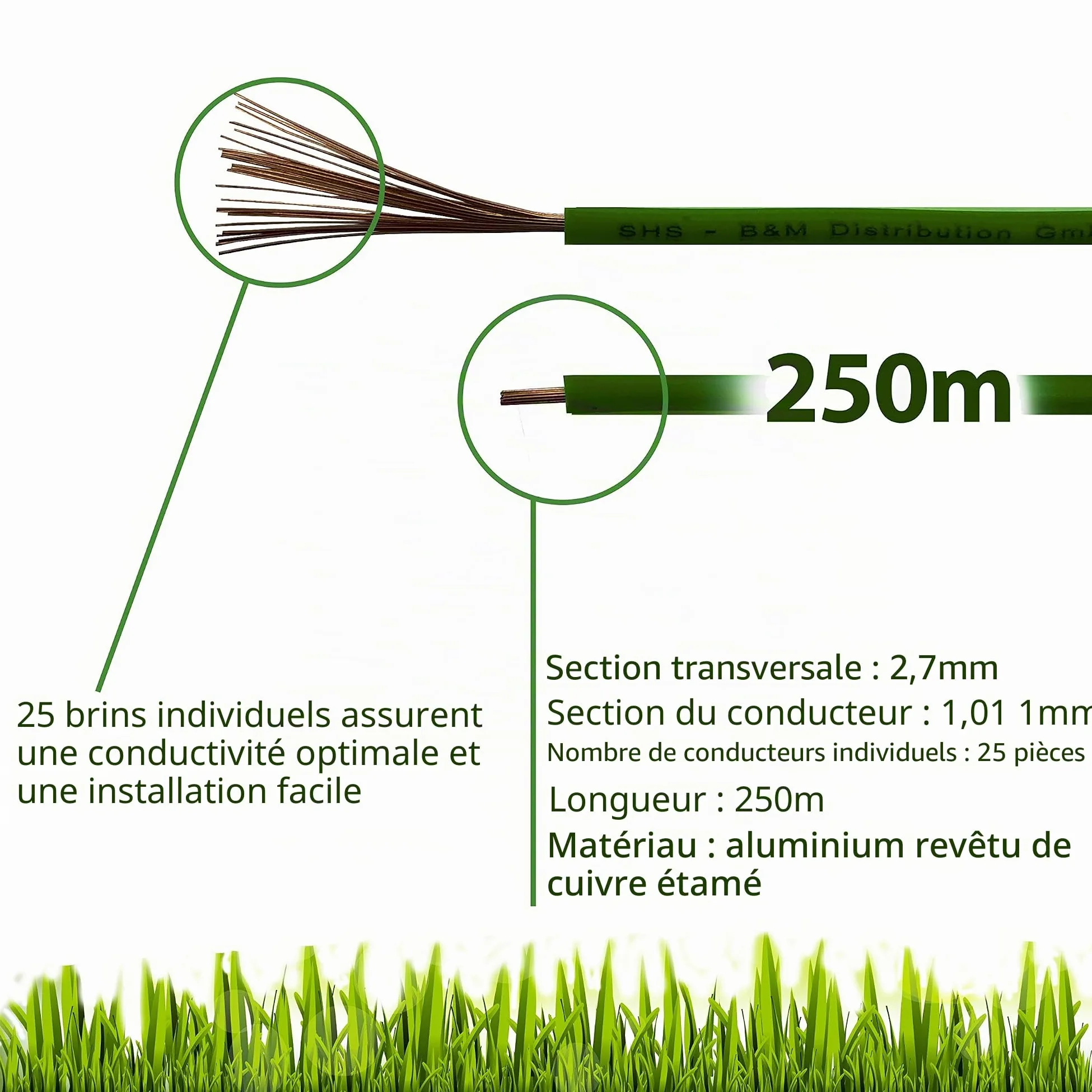 Câble de délimitation, de 250 m, pour Tondeuse, Robots à Gazon, kit d'accessoires pour câble de Recherche, Compatible avec Gardena, Bosch, Husqvarna, Worx, Honda, ROBOMOW, iMow, diamètre : 2,7 mm