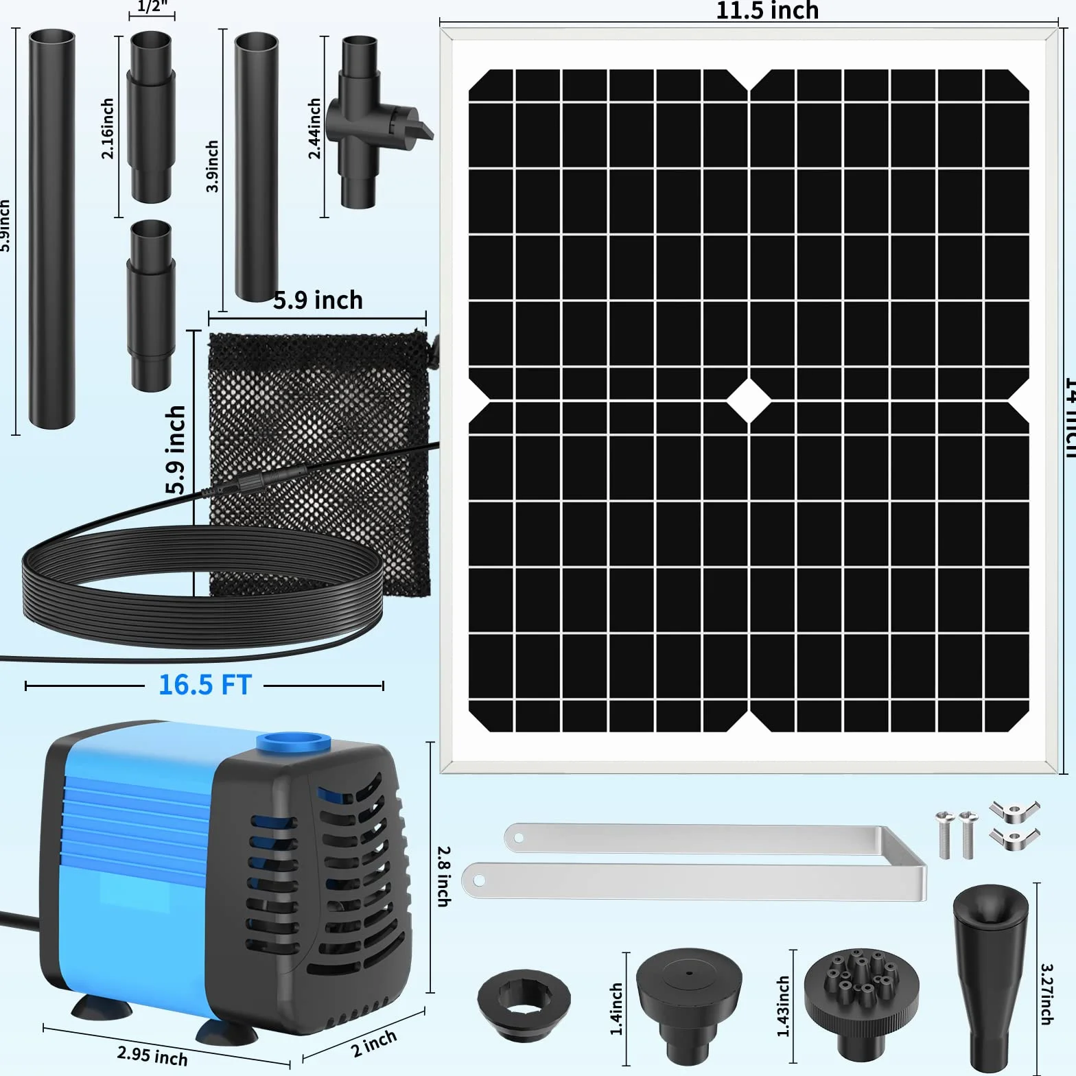 Pompe solaire pour étang 20 W, débit 1300 L/h, câble extensible de 5 m, 4 modèles de pulvérisation et sac de filtration – Idéale pour les étangs et les installations d’eau