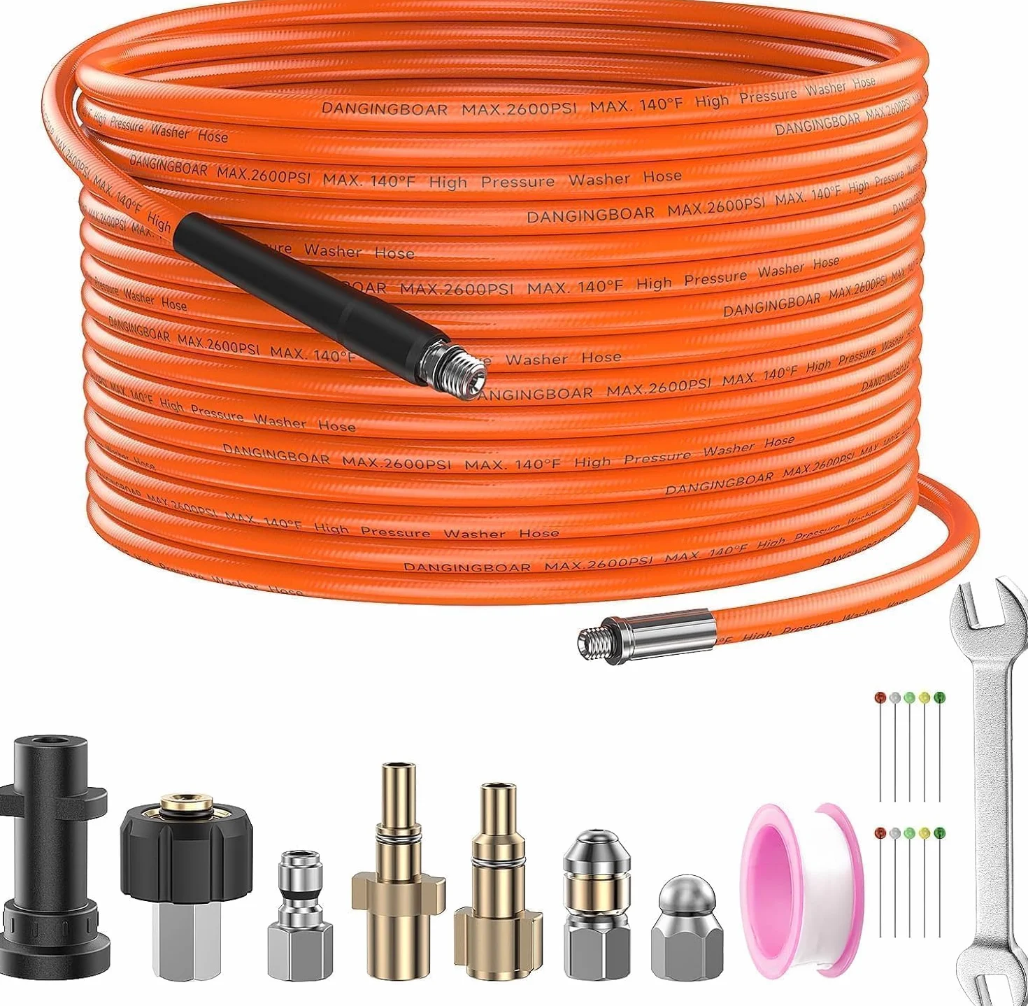 10M Tuyau Déboucheur Canalisation pour Nettoyeur Haute Pression | Pour Kärcher Série K2-K7,M22,Lavor,Bosch AQT,Kit Déboucheur avec Buses à Jet et Rotative,260BAR