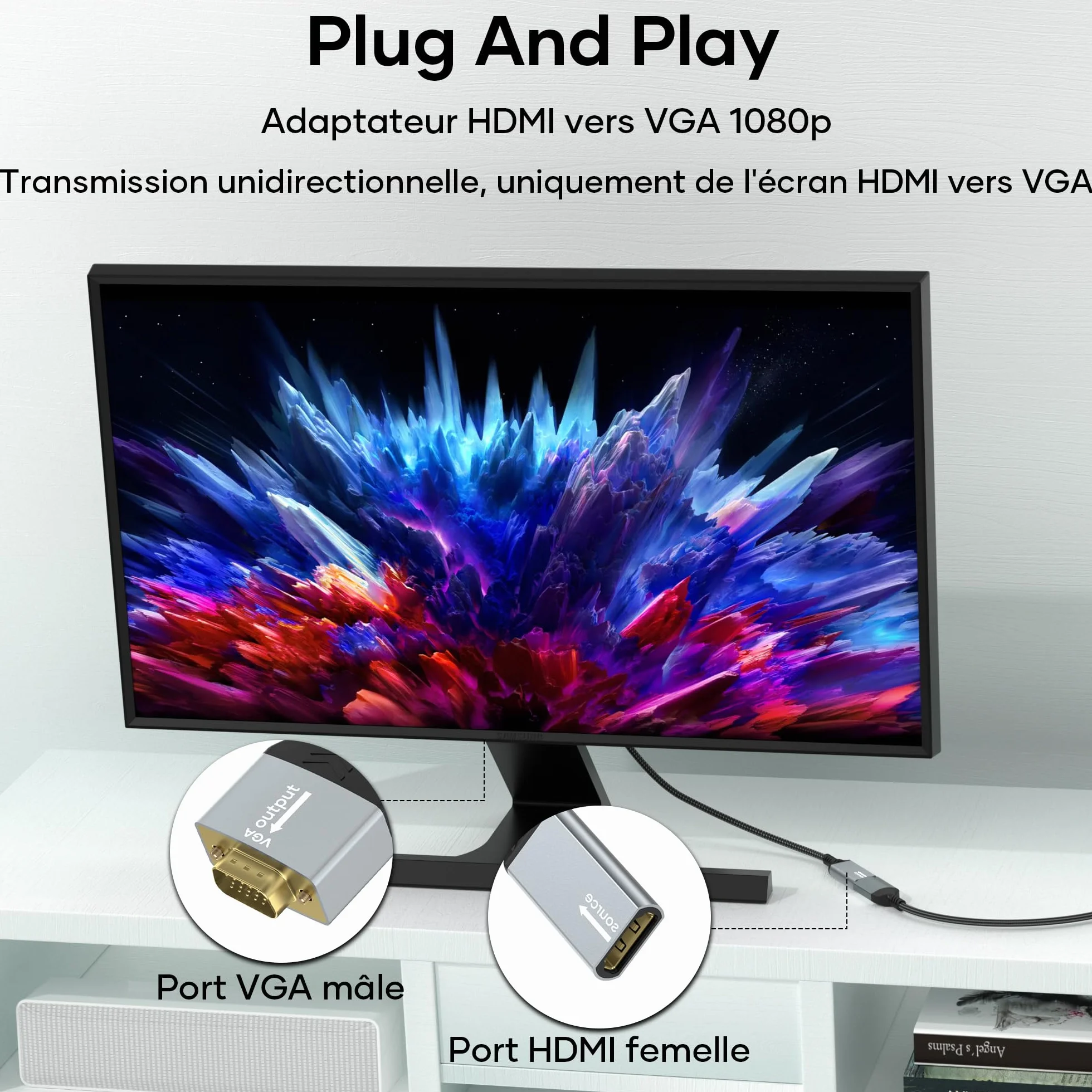 Adaptateur HDMI vers VGA unidirectionnel câble tressé nylon 1080p pour moniteur TV PC ordinateurs portables