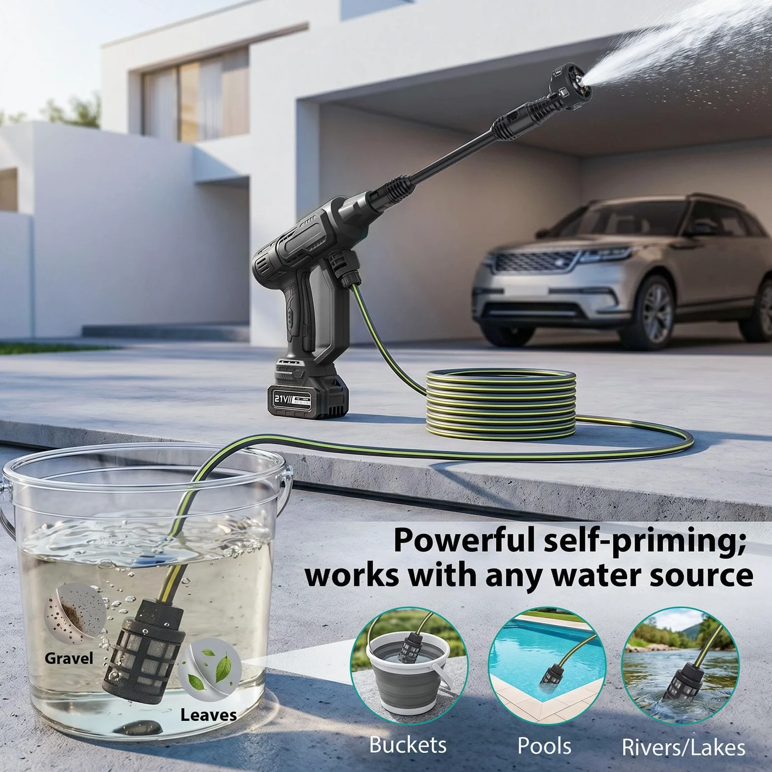 Nettoyeur Haute Pression sans Fil 125 Bar avec 2 Batteries 4.0Ah, Moteur sans Balais 1500W & Écran LCD, 4 Niveaux de Pression, Débit 600 L/h, Buse 6-en-1 & Tuyau 5m pour Auto, Terrasse et Jardin