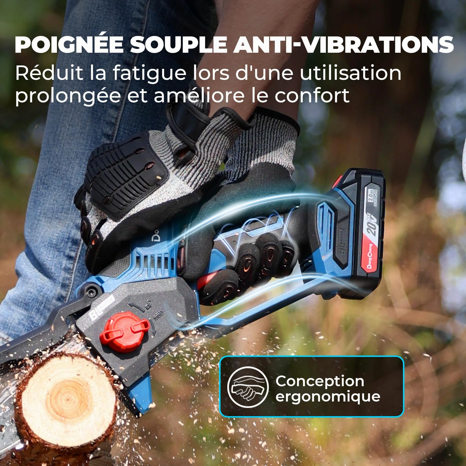 DongCheng mini tronconneuse a batterie 20V, brushless 750W, 2×2000mAh, 8m/s | Jusqu'à 270 coupes dans bois 50×50mm, 1,2kg scie légère à une main, tension de chaîne sans outil, graissage auto, guide 15cm