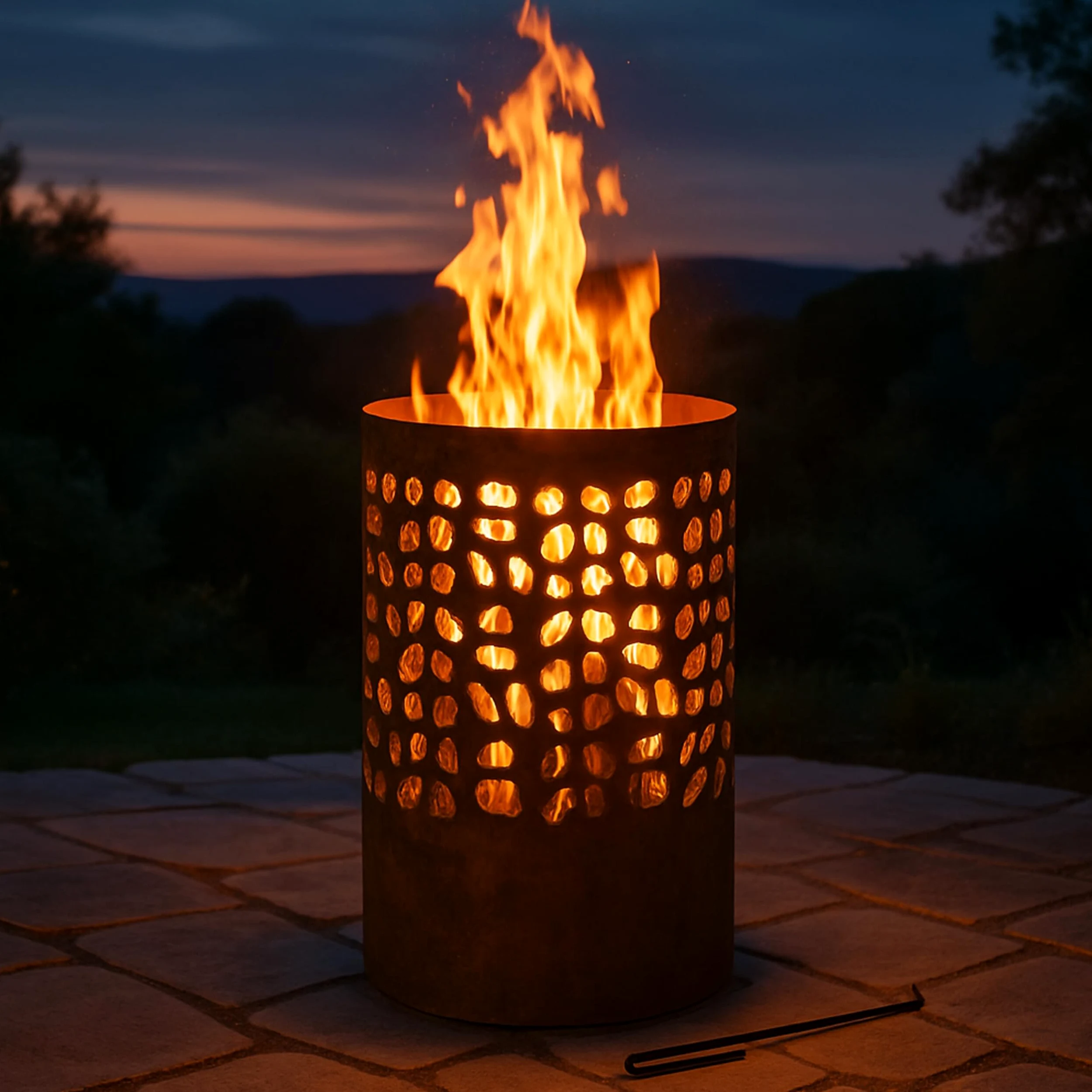 Relaxdays Brasero avec Pare-étincelles, tisonnier et Grille de Foyer, extérieur, H x D : 60x37 cm, Acier Corten, Marron