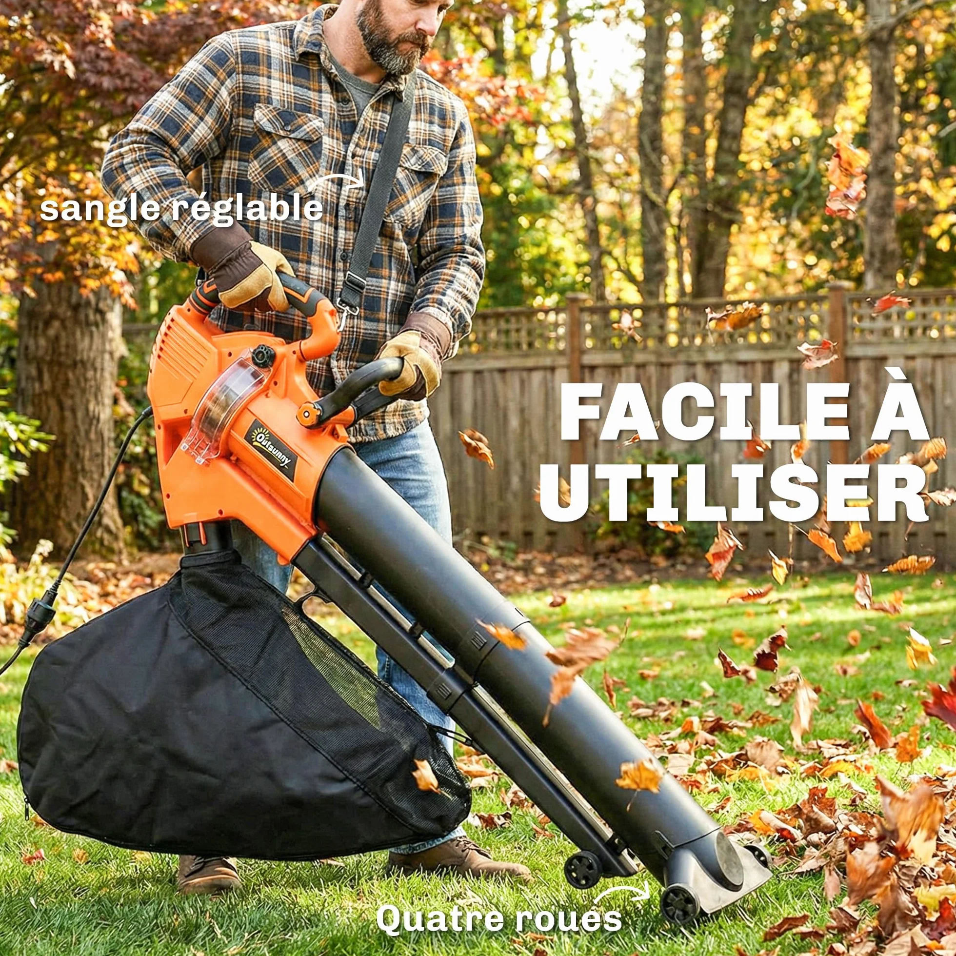 Outsunny Aspirateur-Souffleur de Feuilles Filaire 3000W 3-en-1 avec Fonction Broyage, Sac 40L