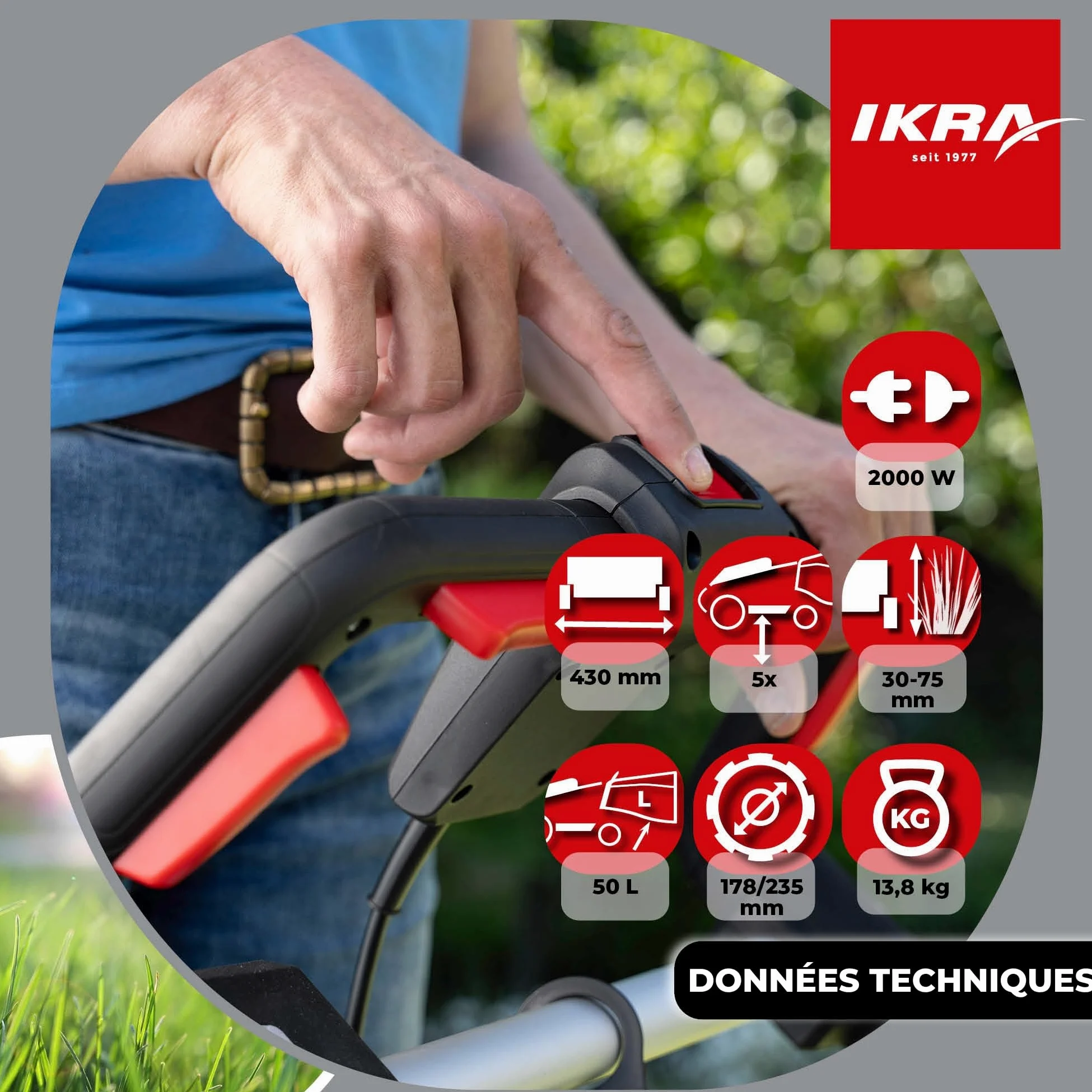 IKRA Tondeuse à Gazon électrique IERM 2043 T, 2000W, Largeur de Coupe 43 cm | Poignée réglable en hauteur sur 3 positions, hauteur de coupe réglable (30-75 mm), sac de 50 l et kit de mulching inclus