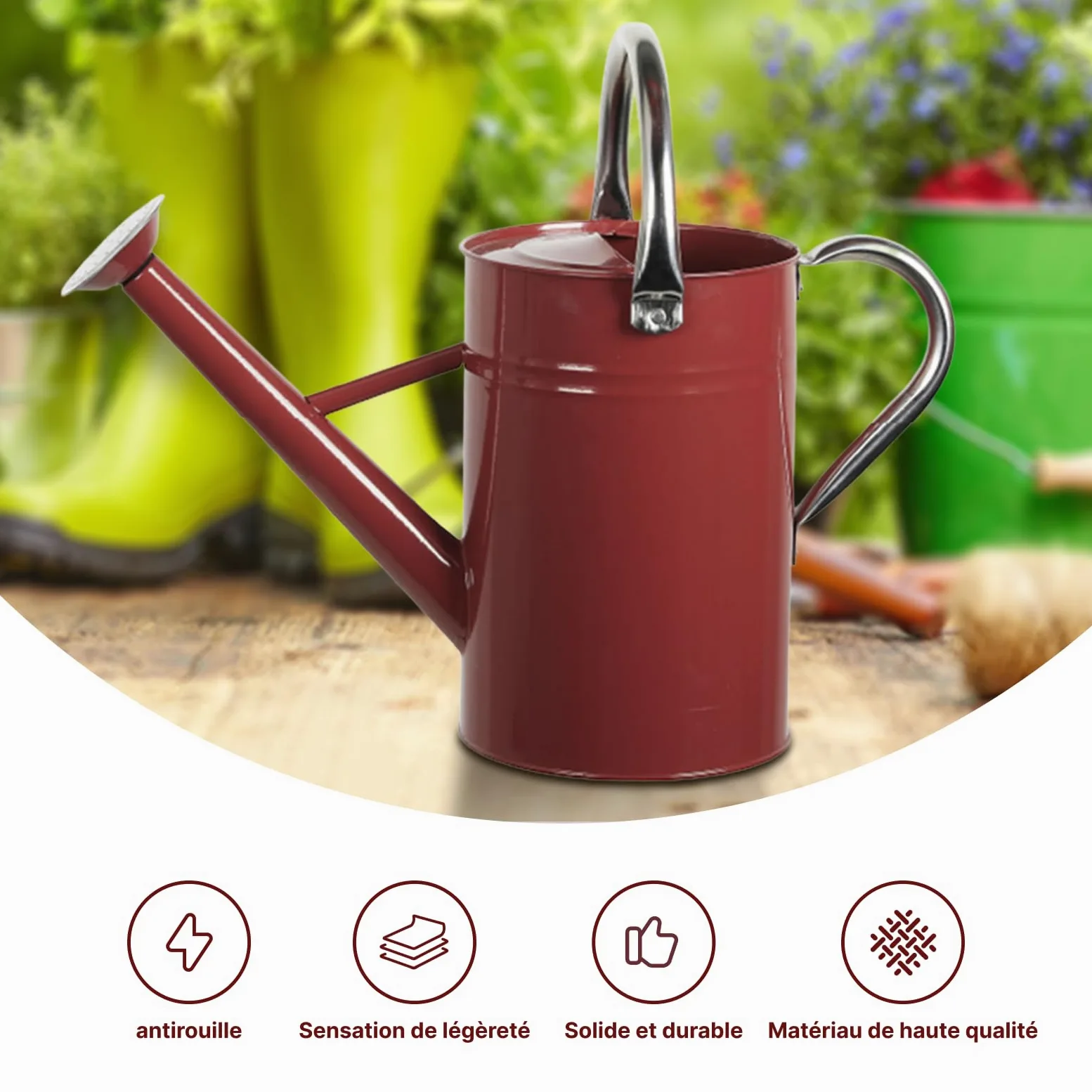 Arrosoir Jardin 5L, Arosoires Extérieur, Arrosoir en Métal pour Plantes Interieur avec Bec Amovible, Arrosoir à Fleurs avec Poignée Incurvée, Anti-Fuite, Construction Robuste et Antirouille, Rouge