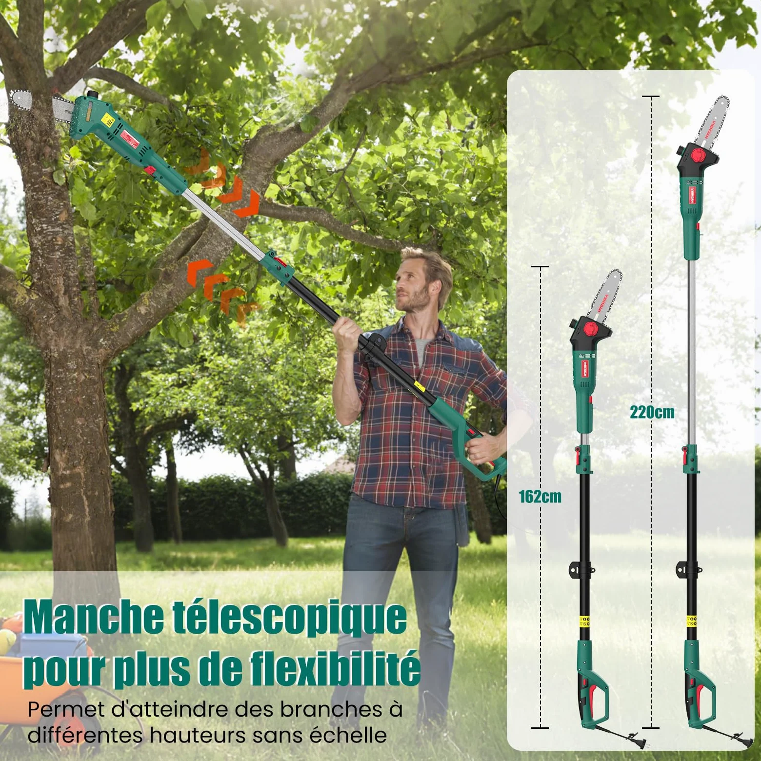 HYCHIKA Tronconneuse Telescopique Electrique 750 W, Coupe Branche Telescopique de 162 à 220 CM, Tronconneuse a Perche, Vitesse de Chaîne 11 m/s, Pole Saw pour Élagage des Arbres