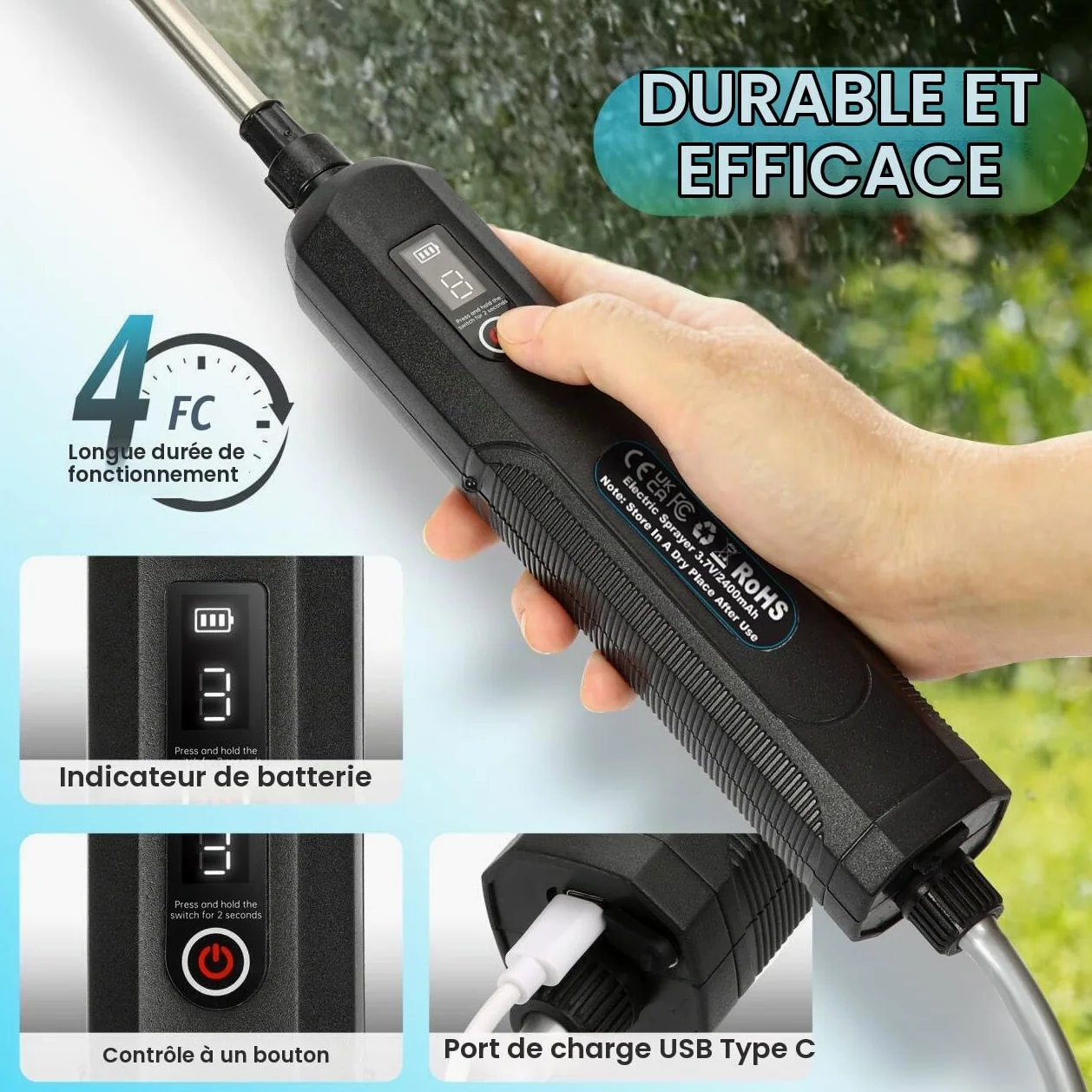 Pulverisateur Electrique 8L, 5V/2400mAh Pulverisateur de Jardin à 3 Niveaux de Pression, Pulverisateur avec 4 Buses Réglables & Perche Télescopique, Pulverisateur a Pression pour Arrosage