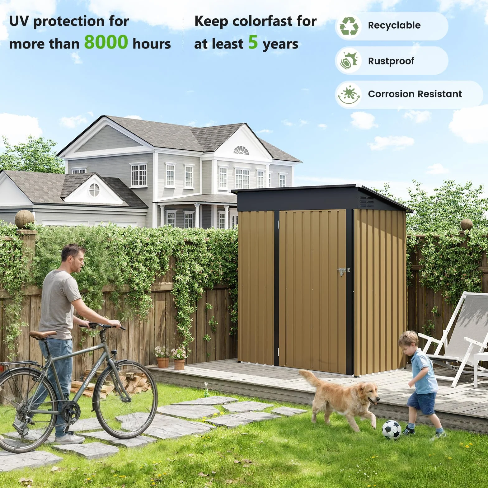 UDPATIO Abri de Jardin Métal 164x101x181 cm Cabane Extérieur Toit Incliné Serrure Rangement Outils Vélo Marron