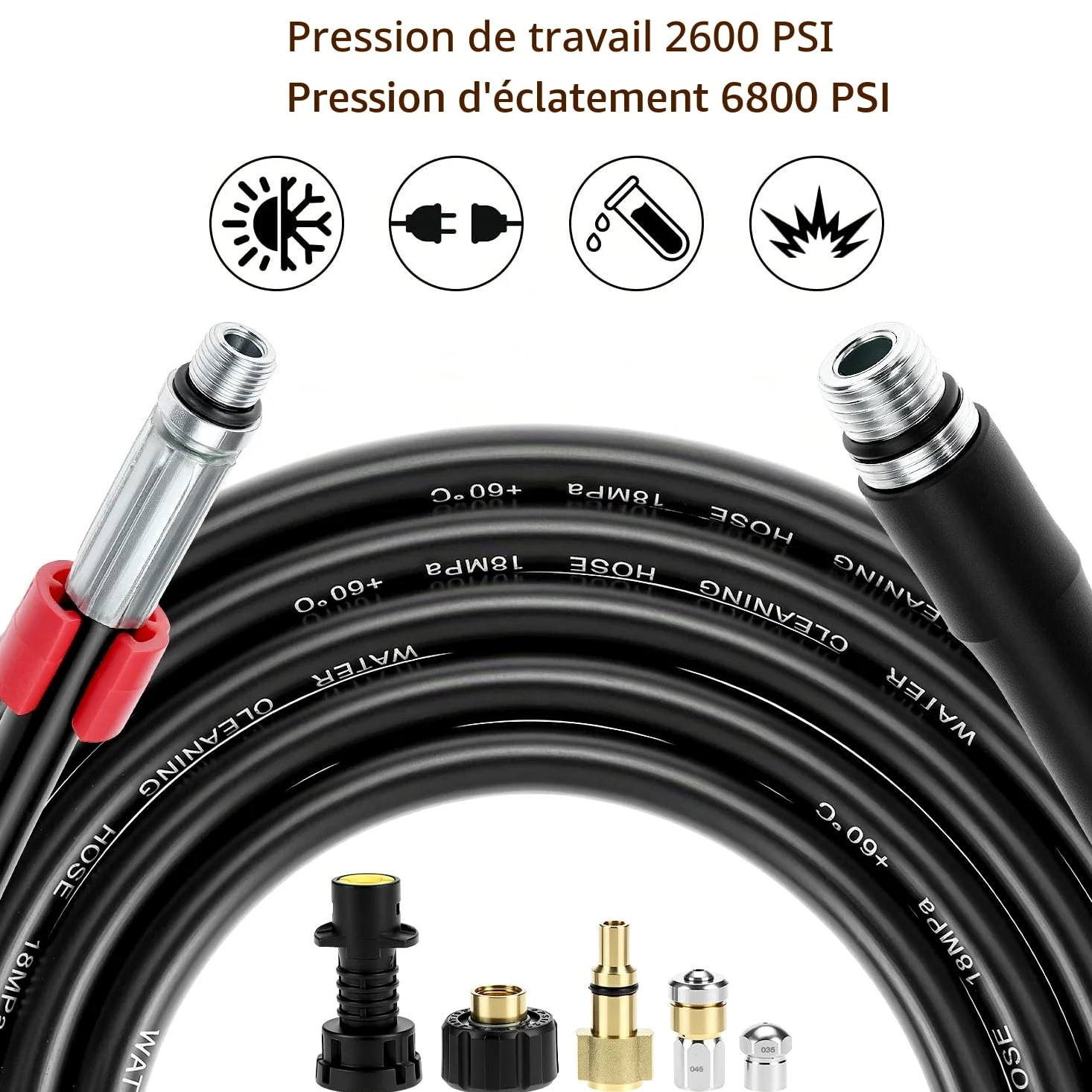 QWORK® Kit Tuyau Déboucheur Canalisation (15m, 180 bar/2600PSI) pour Nettoyeur Haute Pression – Compatible avec Karcher, Parkside, Lavor et Bosch Professional, Inclut Buse Fixe et Buse Rotative