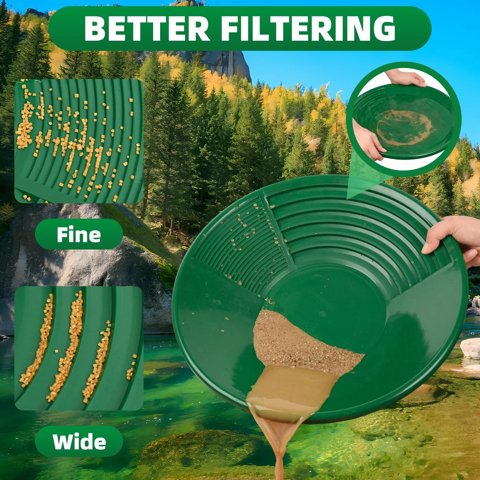 Kit Orpaillage 38.5cm Batee Orpaillage Gold Pan Rampe avec Tamis Plastique pour Chercheur d'Or Vert
