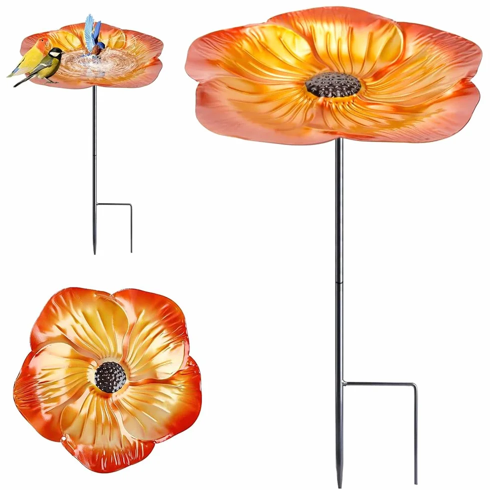 Abreuvoir Oiseaux Exterieur sur Pied Fer Forme Fleur 52CM Marron Doré