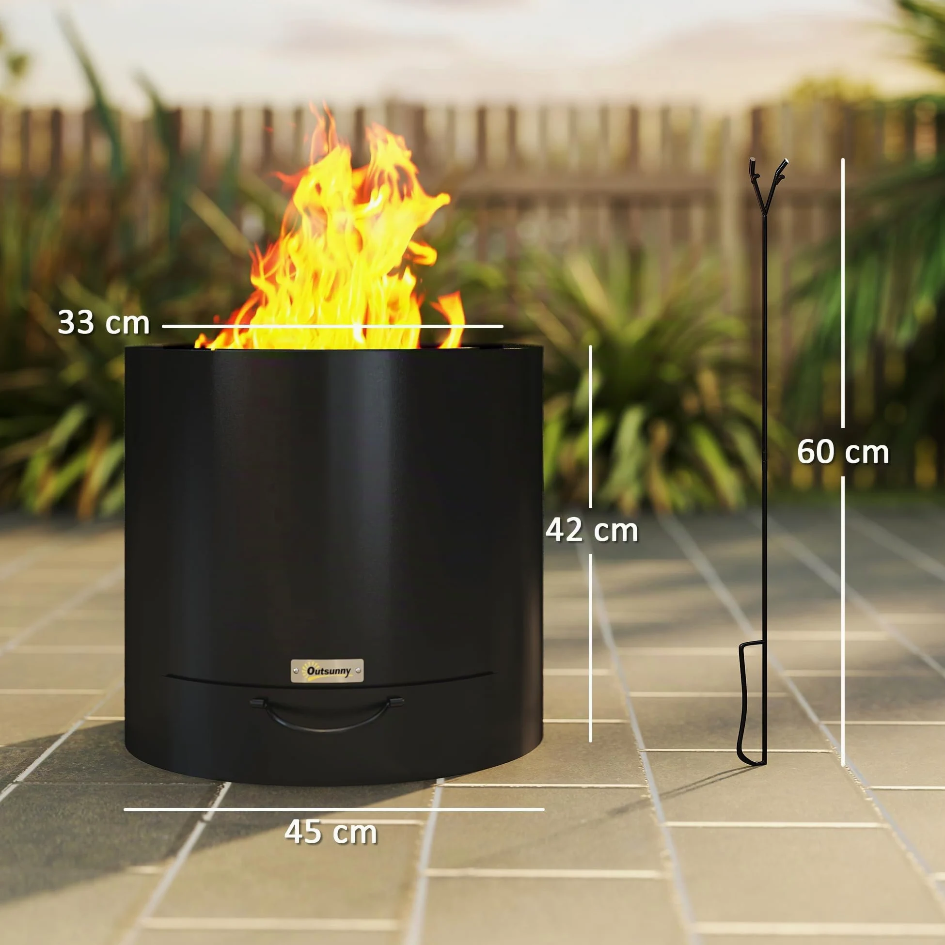 Outsunny Brasero extérieur Ø 45 cm avec bac à Cendres, Acier Noir | Tisonnier inclus, chauffage à charbon de bois pour jardin, camp, cour