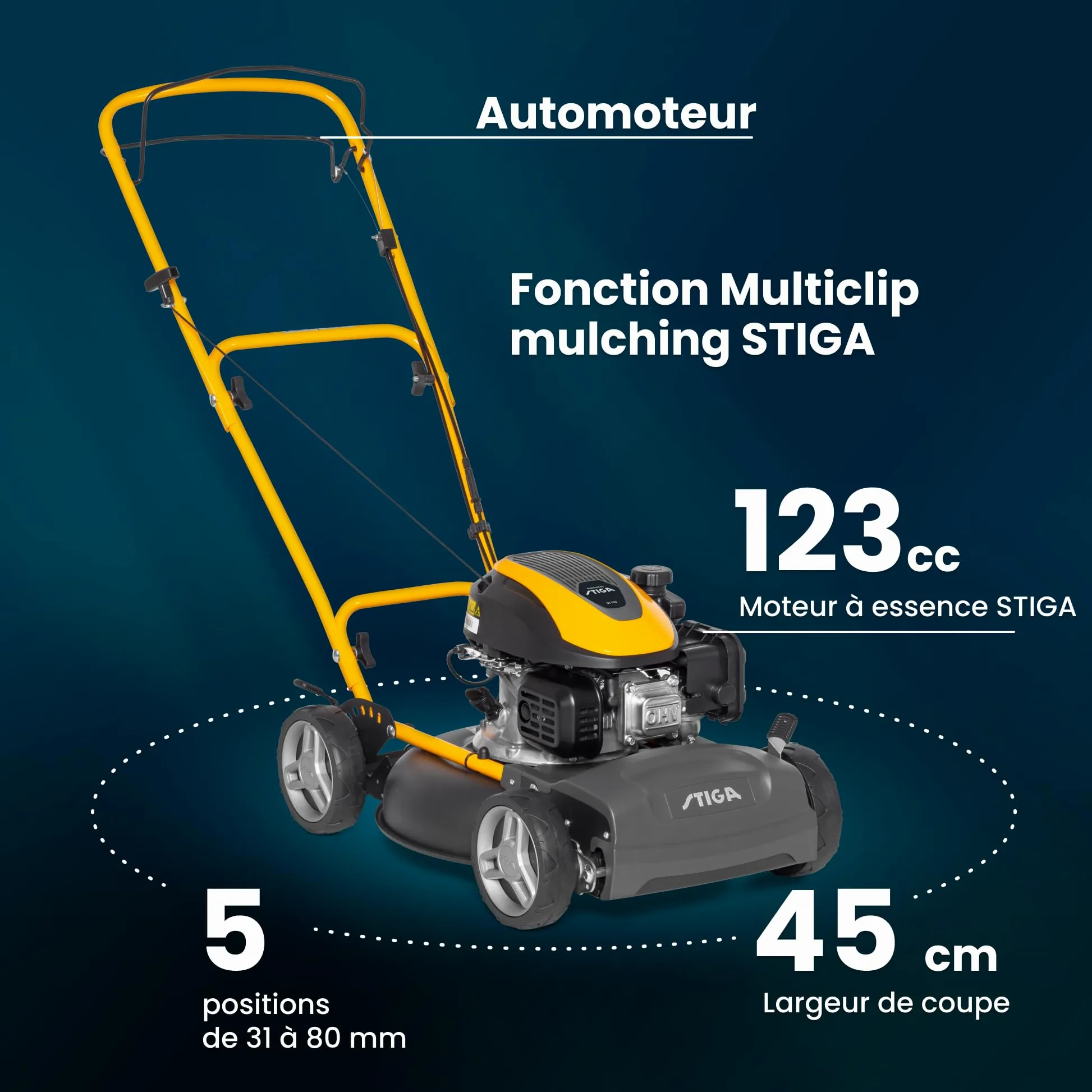 STIGA Multiclip 47 S Tondeuse à Essence, Tondeuse à Gazon broyeuse automotrice avec Moteur 123 CC, Plateau de Coupe 45 cm, 5 tondeuses Thermiques, Guidon Ergonomique Rabattable.