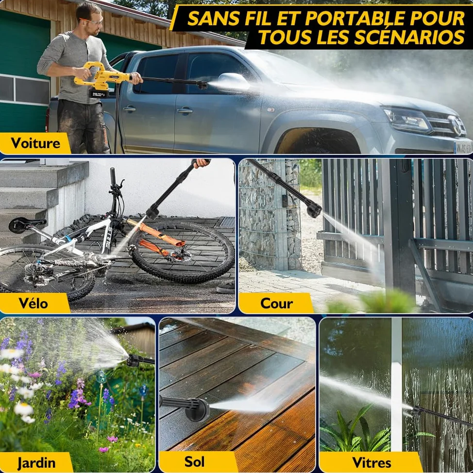 Nettoyeur Haute Pression à Batterie 21V, 68 Bar / 990 PSI, avec 2 Batteries de 4000 mAh, Ensemble d'accessoires de 17 pièces, Tige d'allongement,Jaune foncé | Moteur sans balais, buse rotative à 180°/360°, buse 6 en 1, raccord de bouteille, barre d'extens