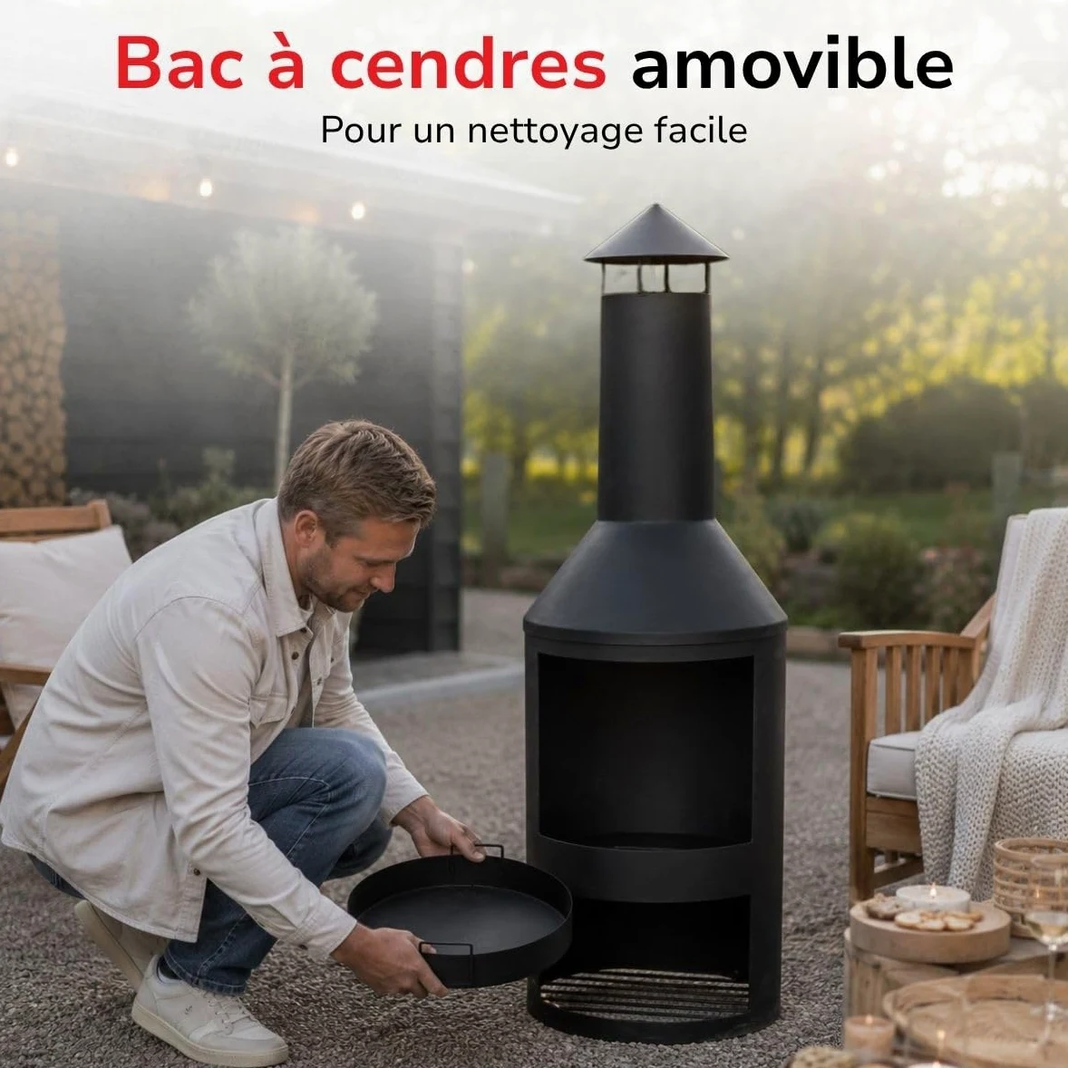 BBQ Collection Brasero 134 x 44,5 cm - Incinerateur de Jardin sur Pied - Decoration Jardin et Terrasse Exterieur - avec Cheminée - Rangement de Bois - Acier au Carbone