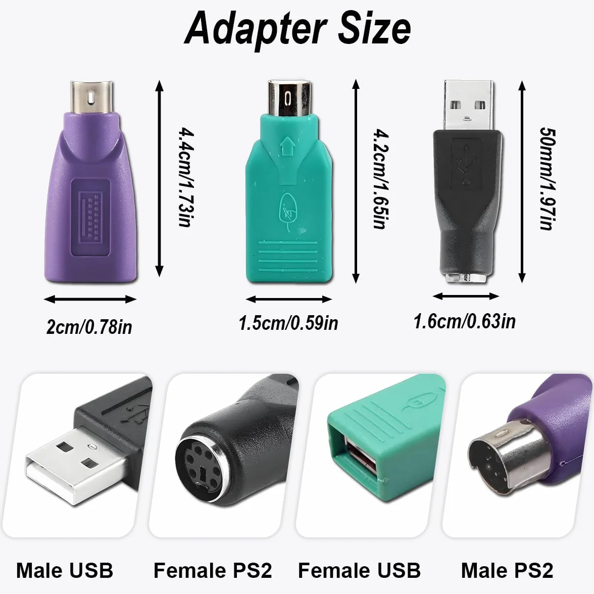 Adaptateurs PS2 vers USB Remplacement pour Souris et Clavier, Lot de 2 Convertisseurs PS2 Femelle vers USB A Mâle (Vert, Violet, Noir)