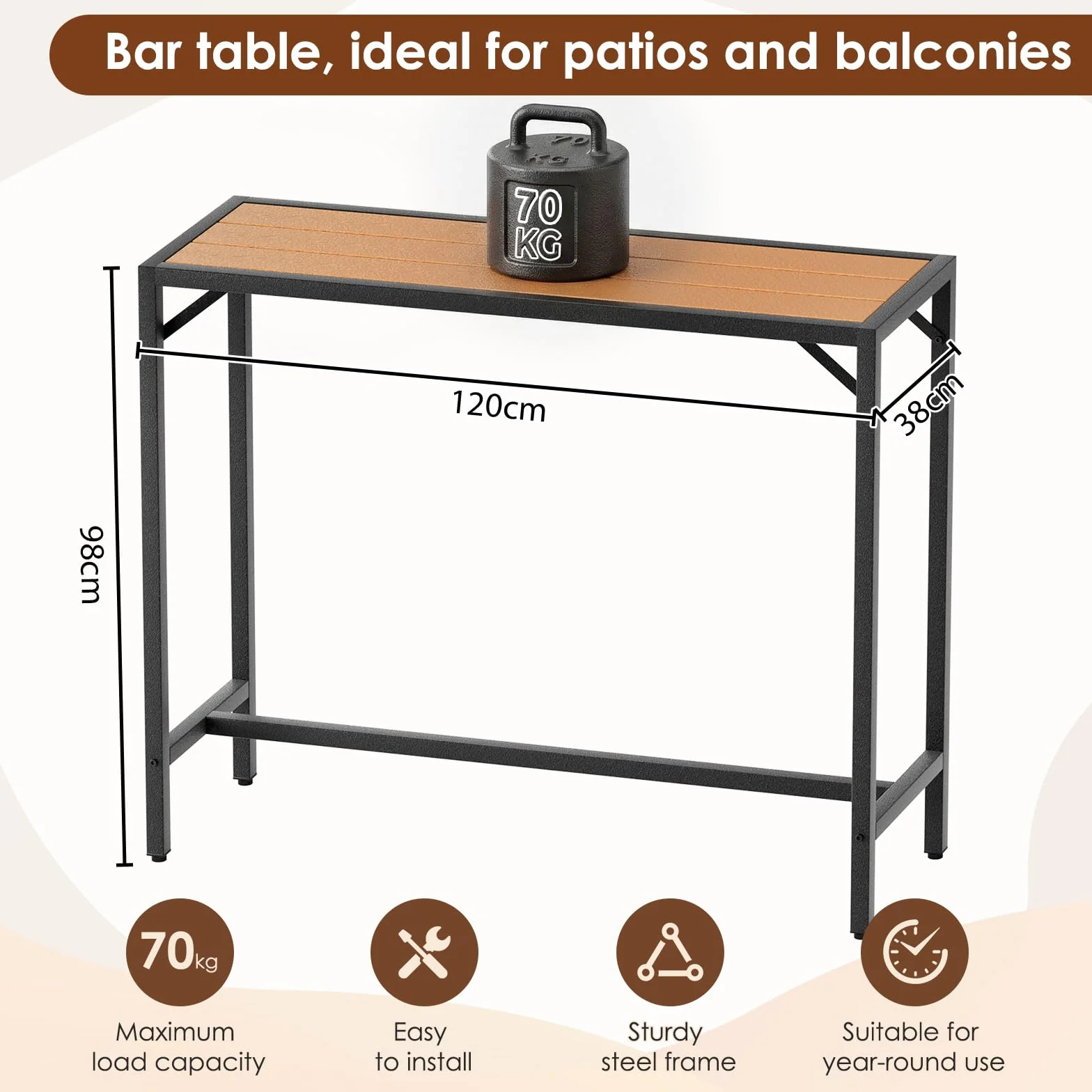 Table Haute de Jardin Clevich 120x38x98 cm Mange Debout Exterieur Plateau Étanche Pieds Réglables Hauteur Bois