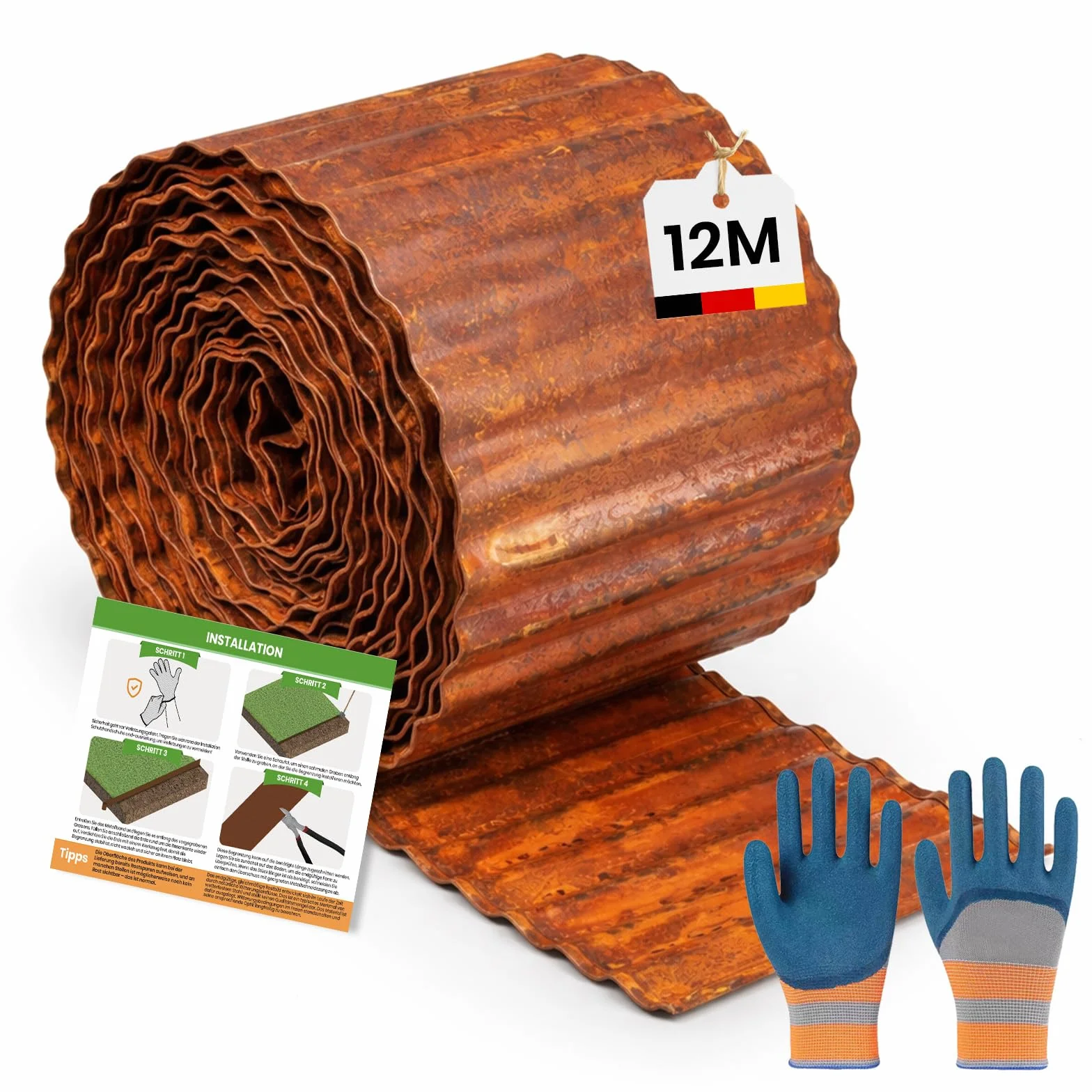 Bordure de Jardin en Acier Corten 12 m x 15cm, Bordure de Pelouse en Métal, Montage Facile, 1 Paire de Gants Incluse, Bordure de Plantes de Jardin (Forme ondulée, 12M x 15CM)
