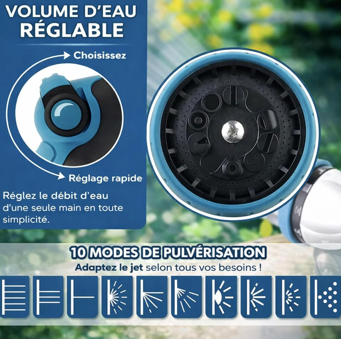 Tuyau Arrosage Extensible 22,5m – Tuyau d'Arrosage Rétractable Flexible, Pistolet Métal 10 Jets, Raccords Laiton 1/2" et 3/4", Triple Latex Renforcé – Jardin, Terrasse, Lavage Voiture (Bleu)