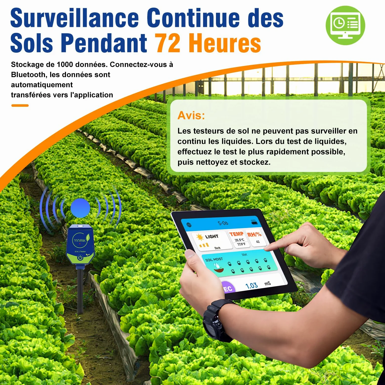 YINMIK Testeur de pH du Sol de Jardin, Humidimètre du Sol | Kit de Test Intelligent 8 en 1 pour leSol, Convient pour : Jardins, Pelouses, Serres, Agriculture et Cours Arrière