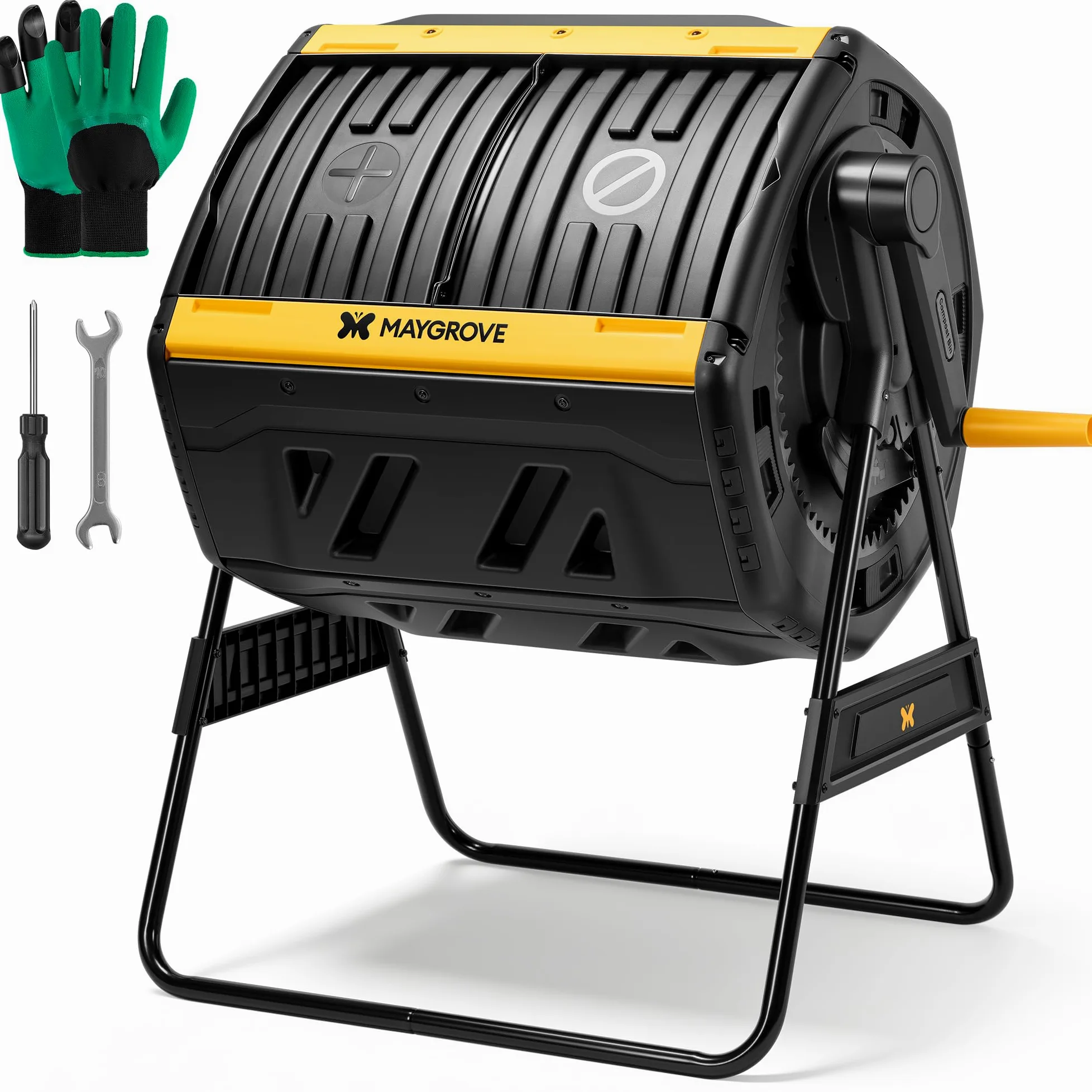 MAYGROVE Composteur 200L à 2 Compartiments Rotatif 360° Bac à Compost pour Jardin avec Portes Coulissantes Cadre en Acier Robuste
