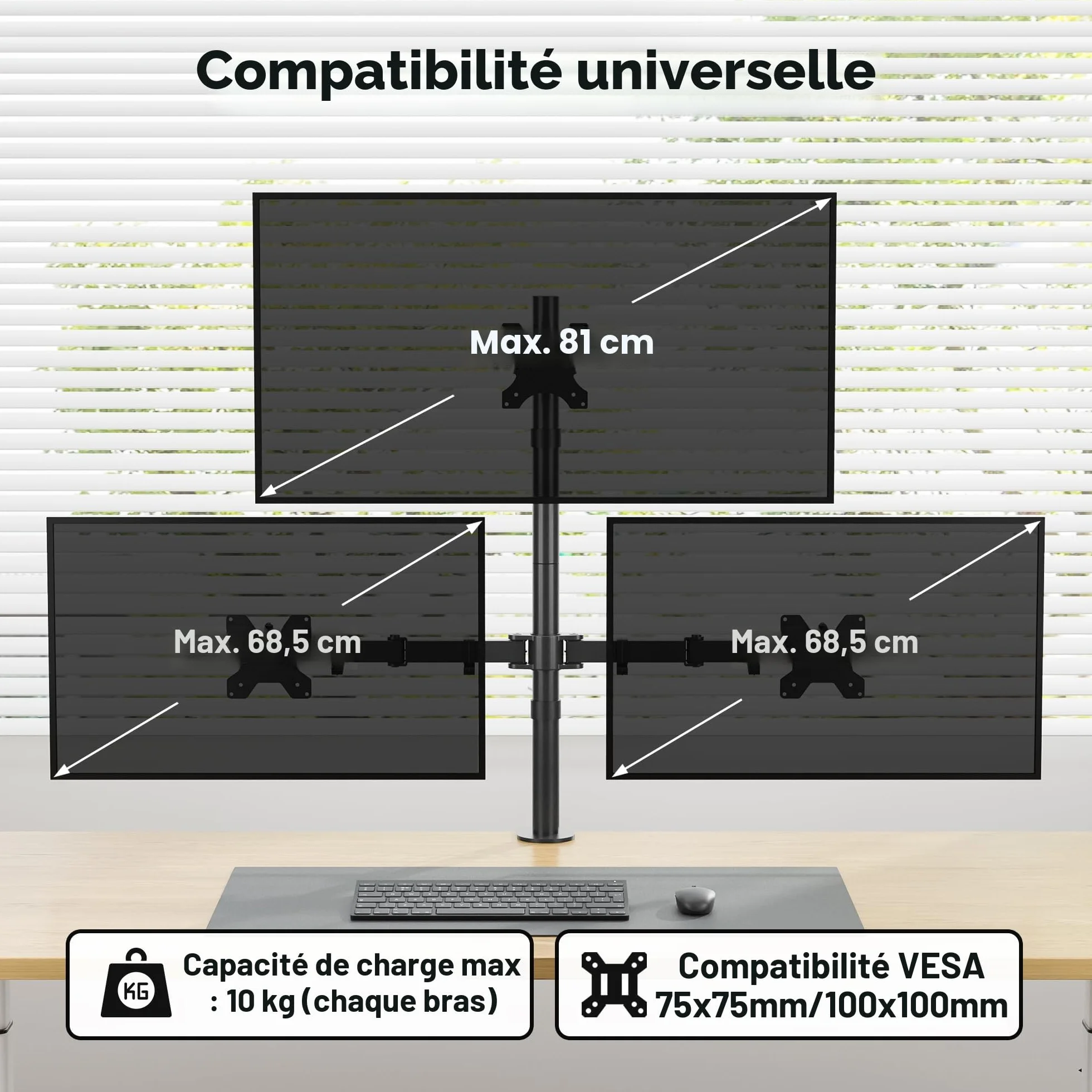 BONTEC Support Écran PC Triple 32 Pouces 27 Pouces Bras Réglable 10kg