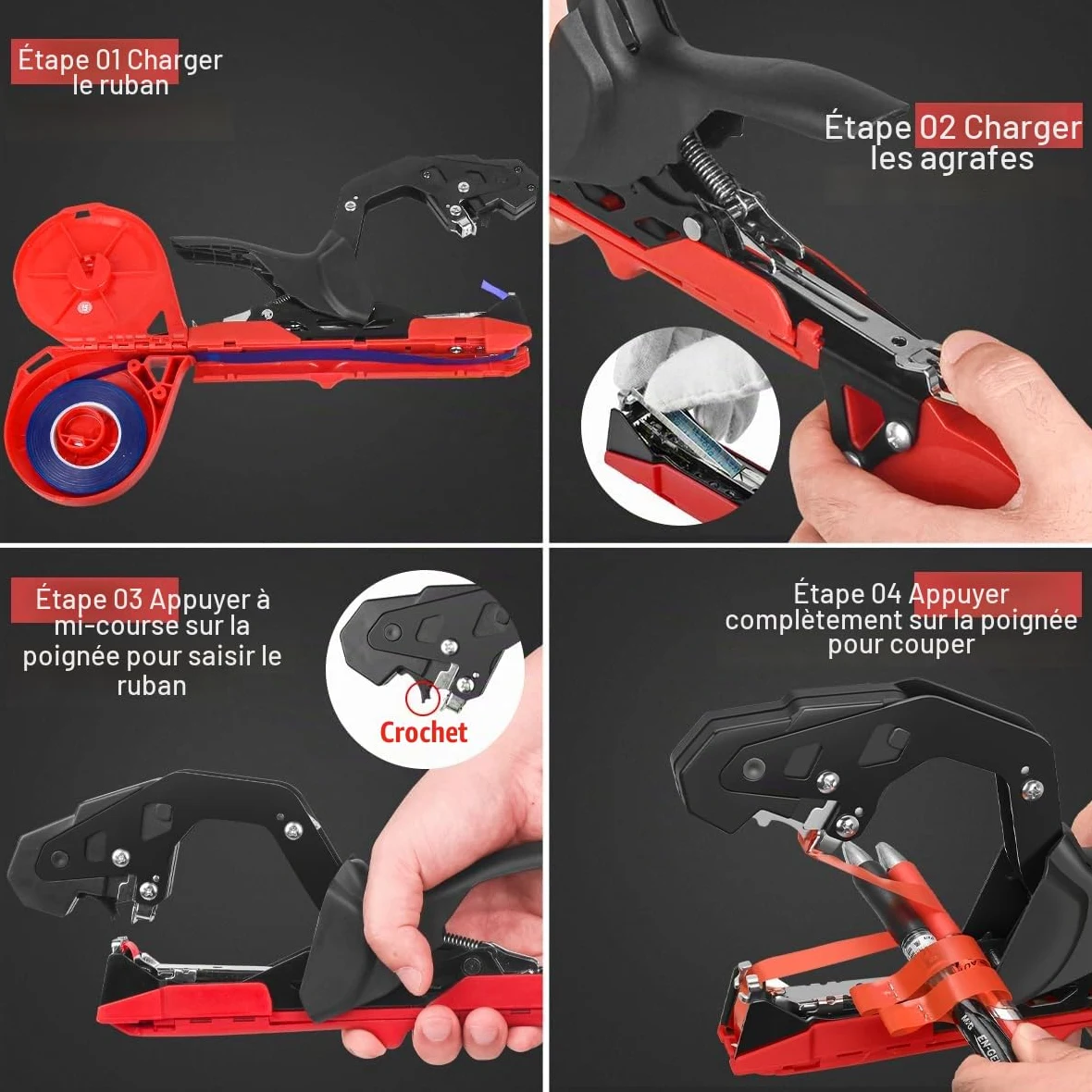 Machine à Nouer Les Plantes Professionnelle Attacheuse Rapide pour Tomates, Vignes, Concombres, Fleurs et Légumes – Idéale pour Jardiniers, avec Ruban et Agrafes Inclus, Rouge/Noir